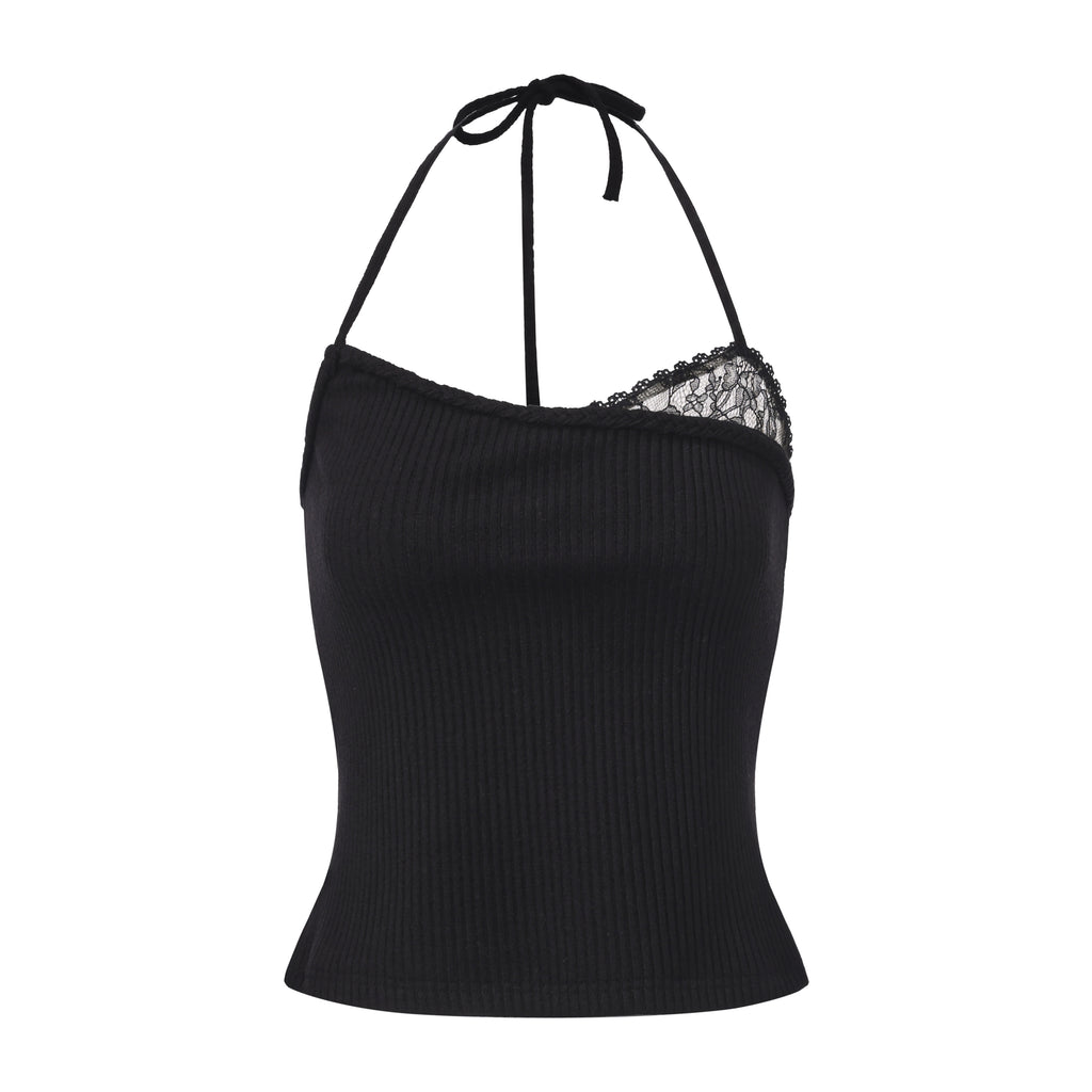Black halterneck knit top with lace panels