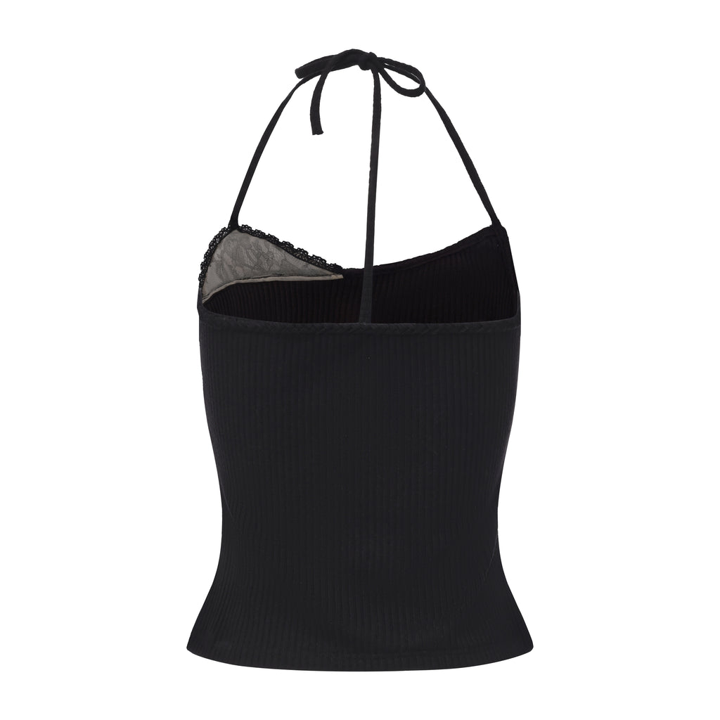 Black halterneck knit top with lace panels