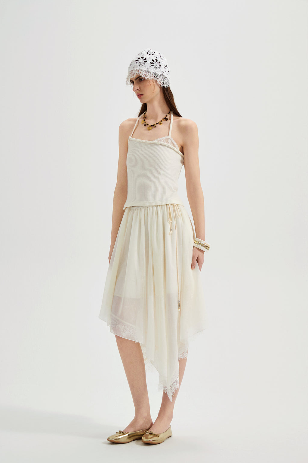 White Halterneck Knit Top With Lace Panels