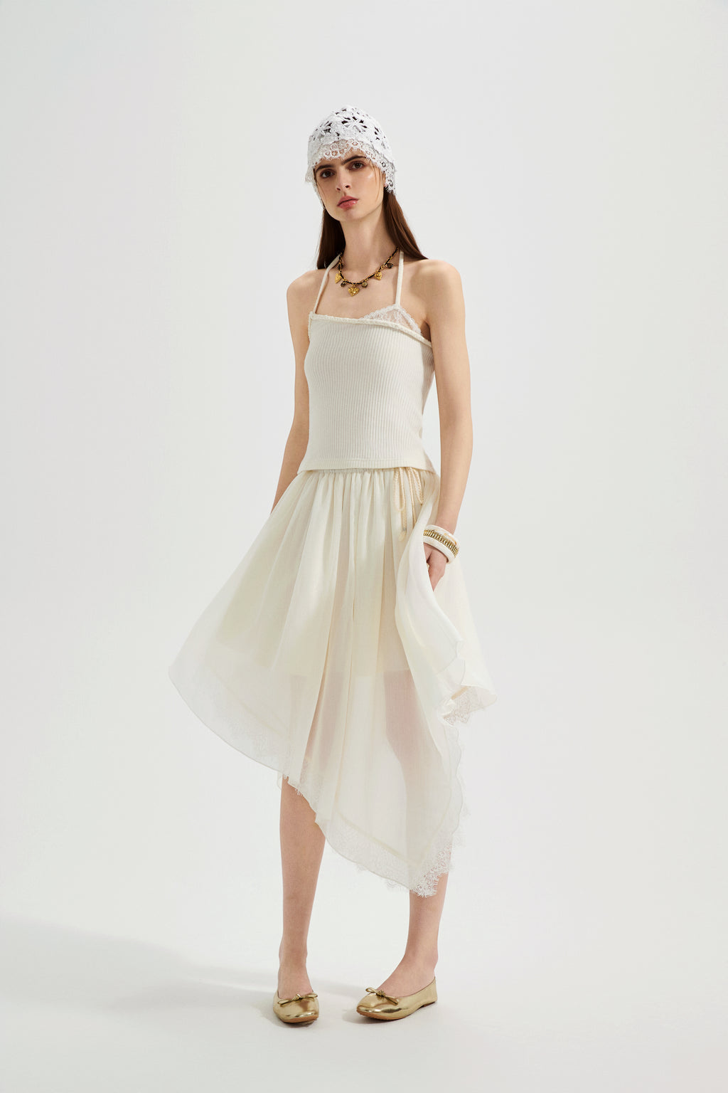 White Halterneck Knit Top With Lace Panels