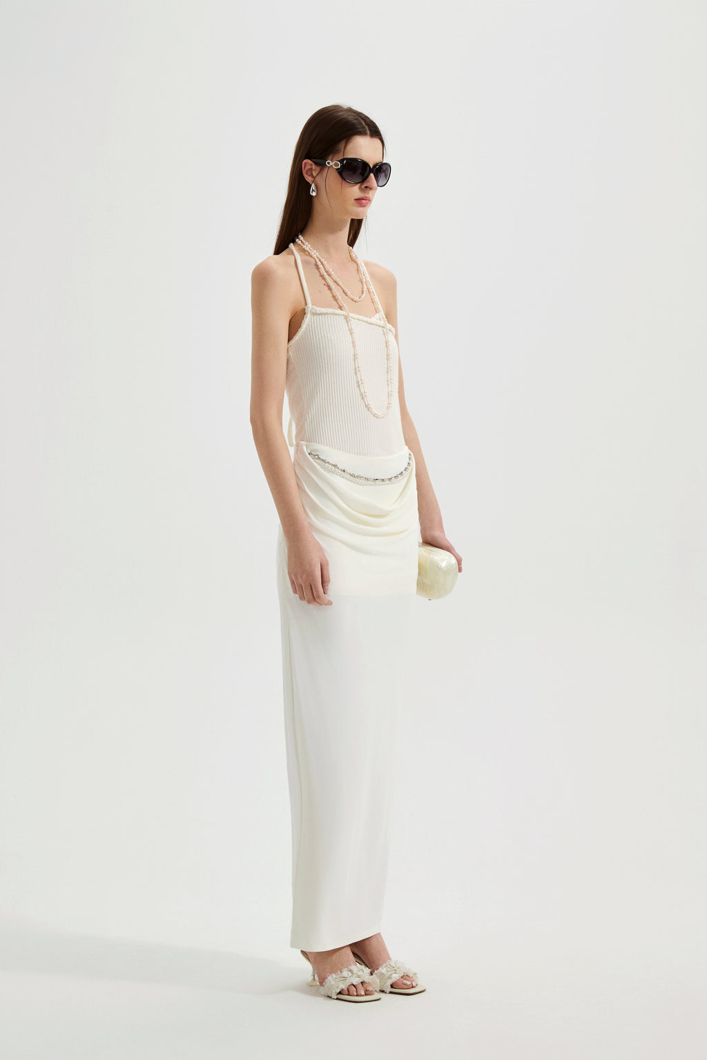 White Halterneck Knit Top With Lace Panels