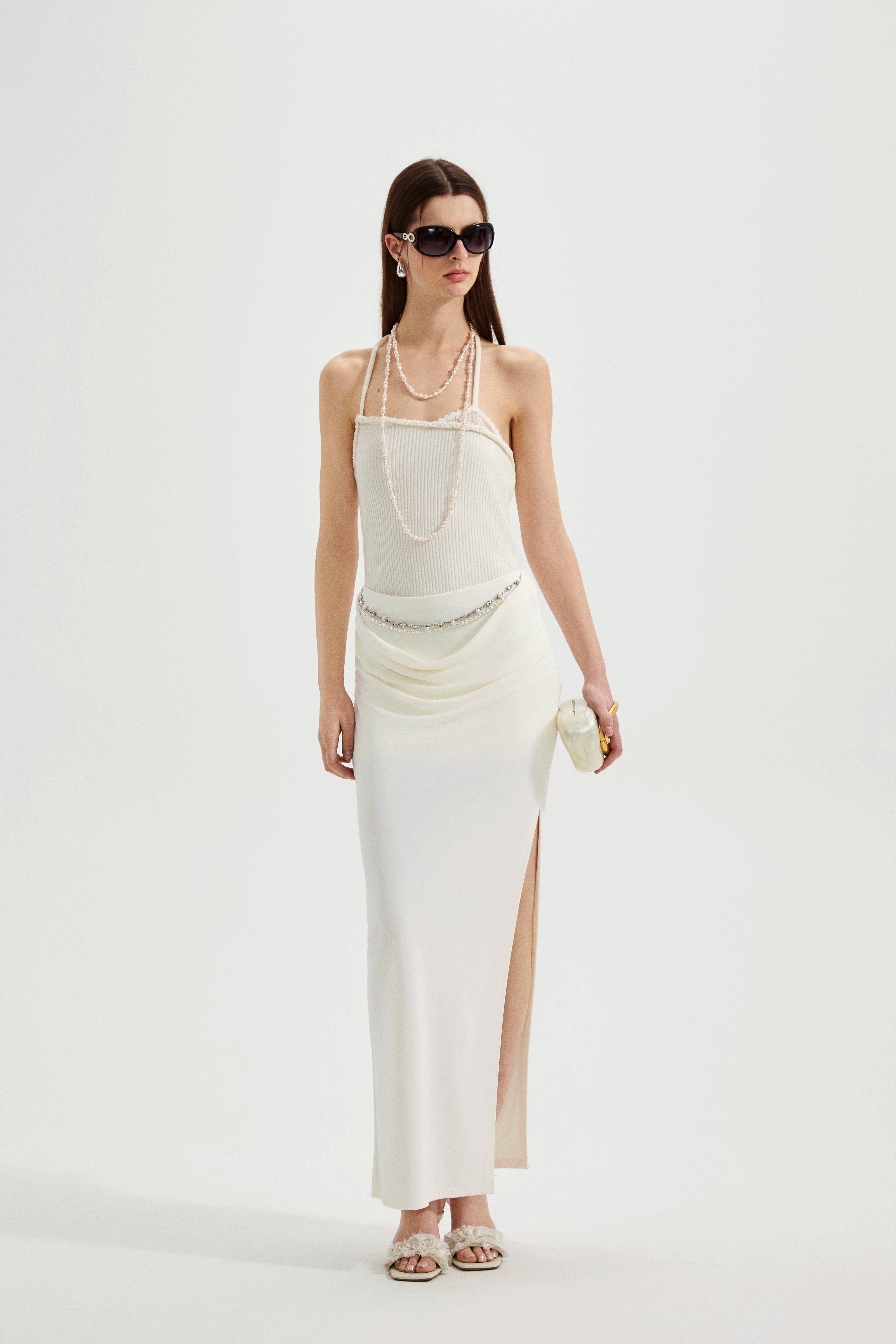 White Halterneck Knit Top With Lace Panels