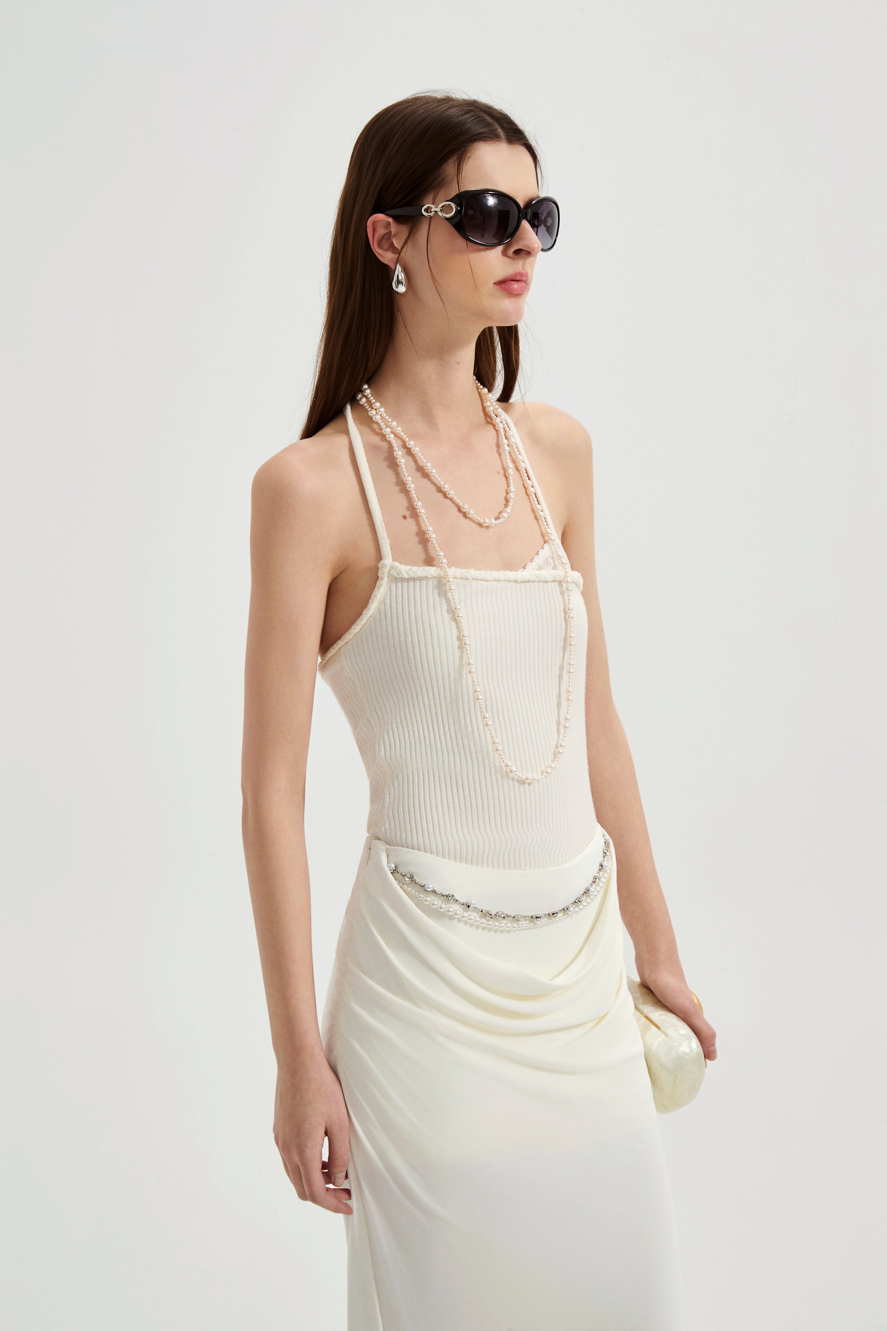 White Halterneck Knit Top With Lace Panels