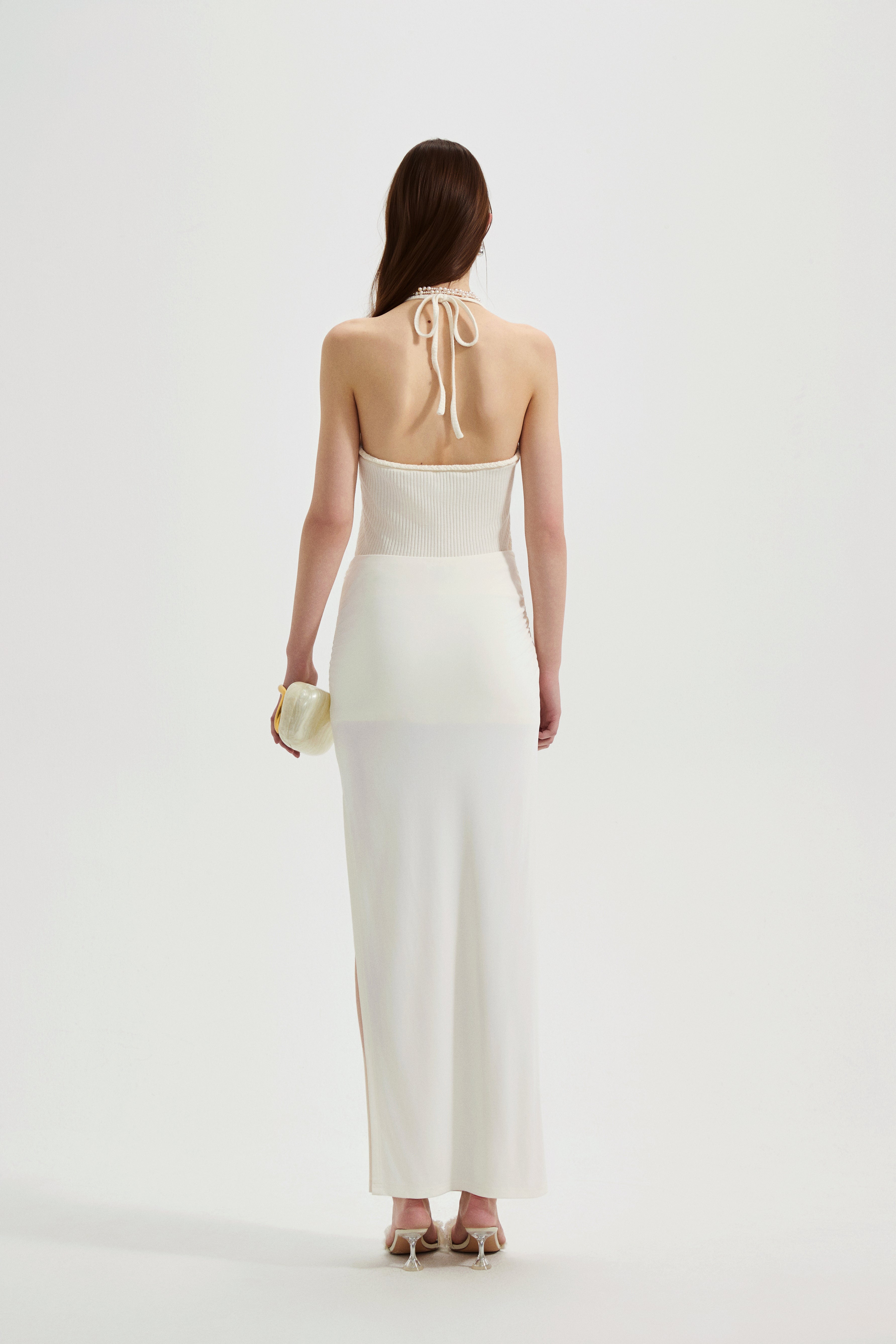 White Halterneck Knit Top With Lace Panels