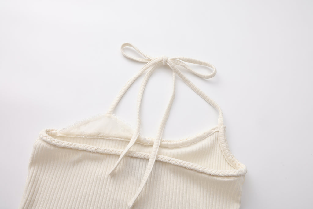 White Halterneck Knit Top With Lace Panels