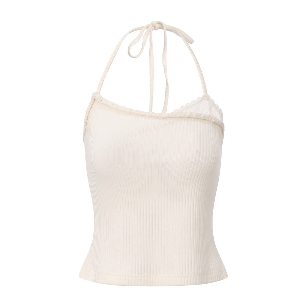 White Halterneck Knit Top With Lace Panels