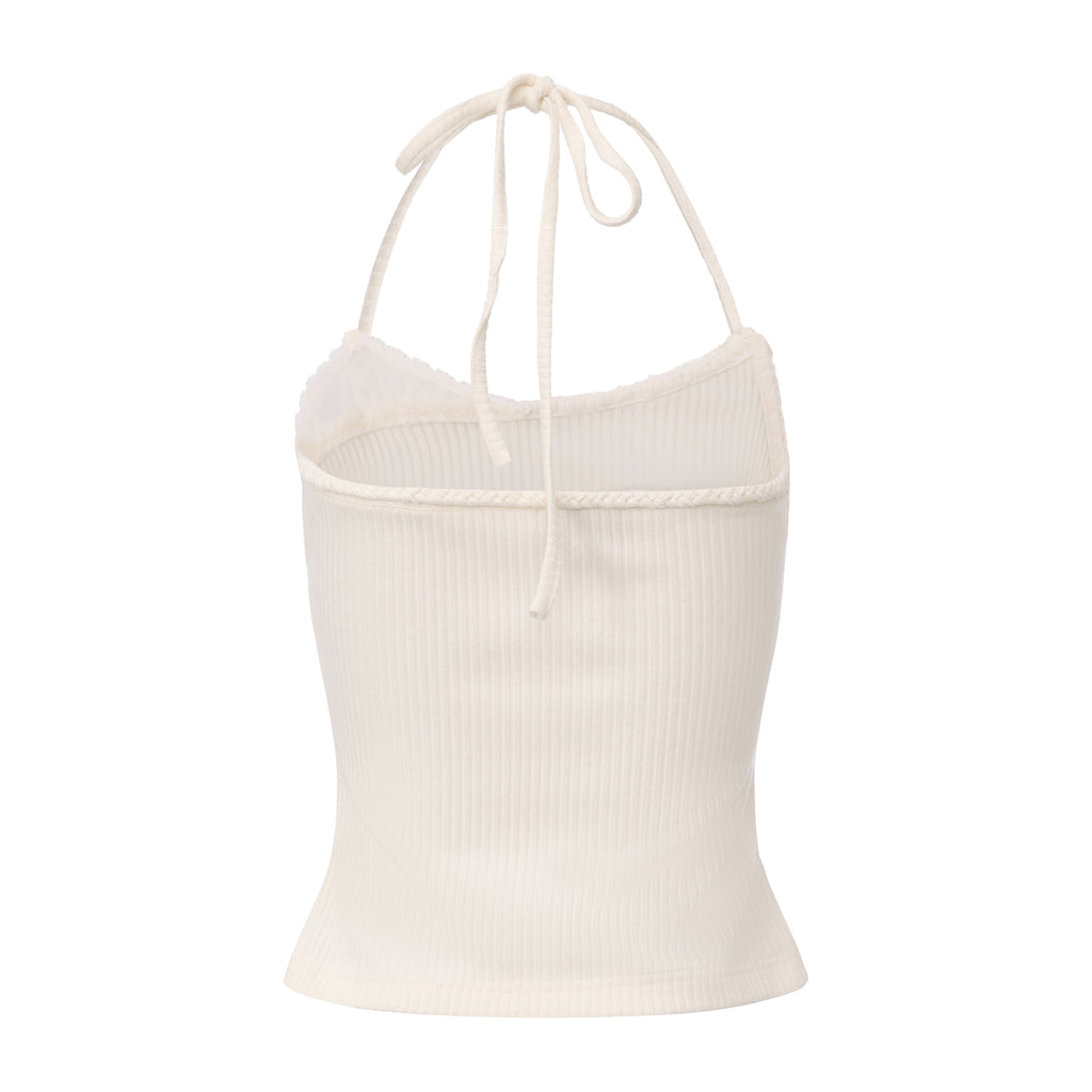 White Halterneck Knit Top With Lace Panels