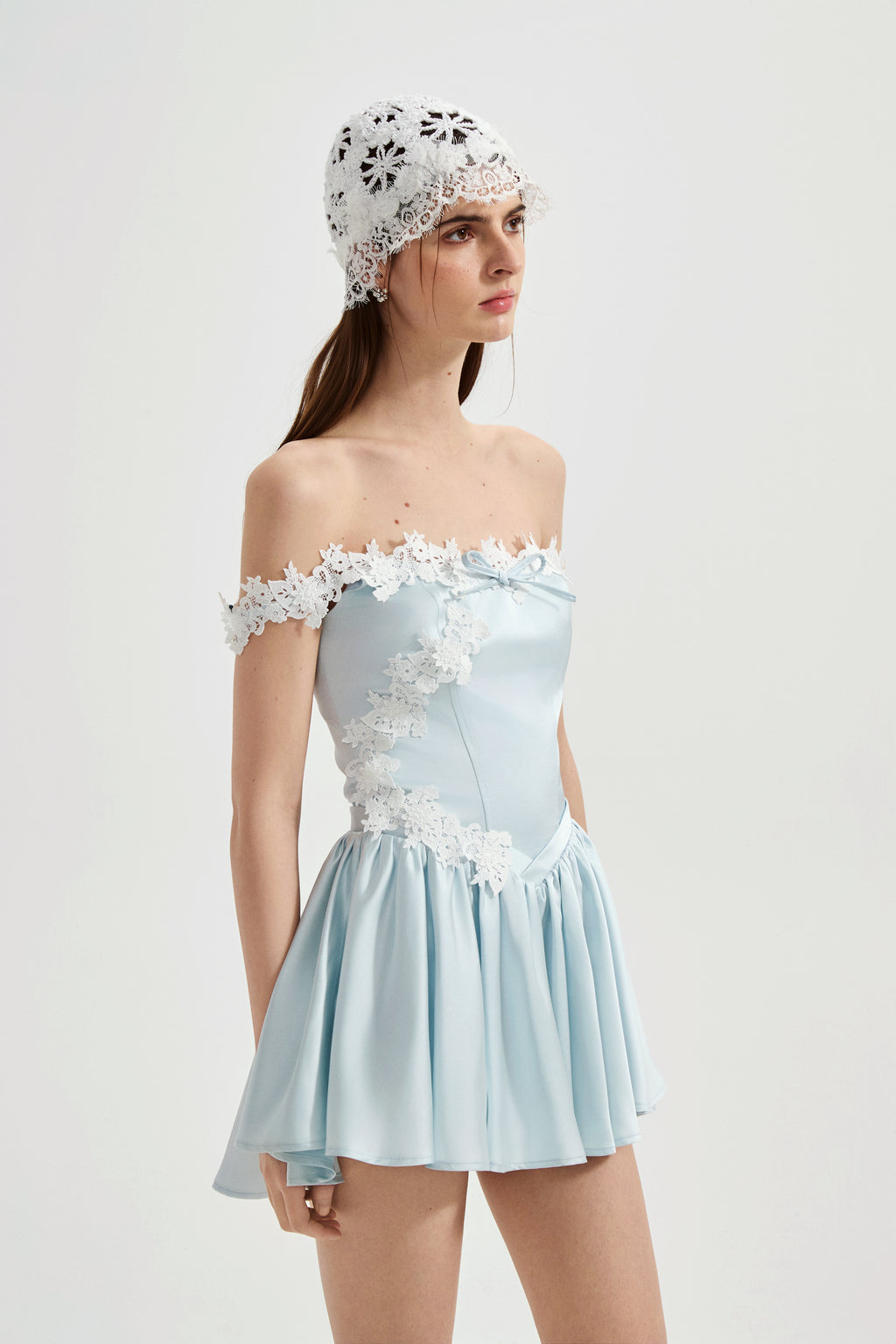 Blue Satin Lace-Strapless Dress