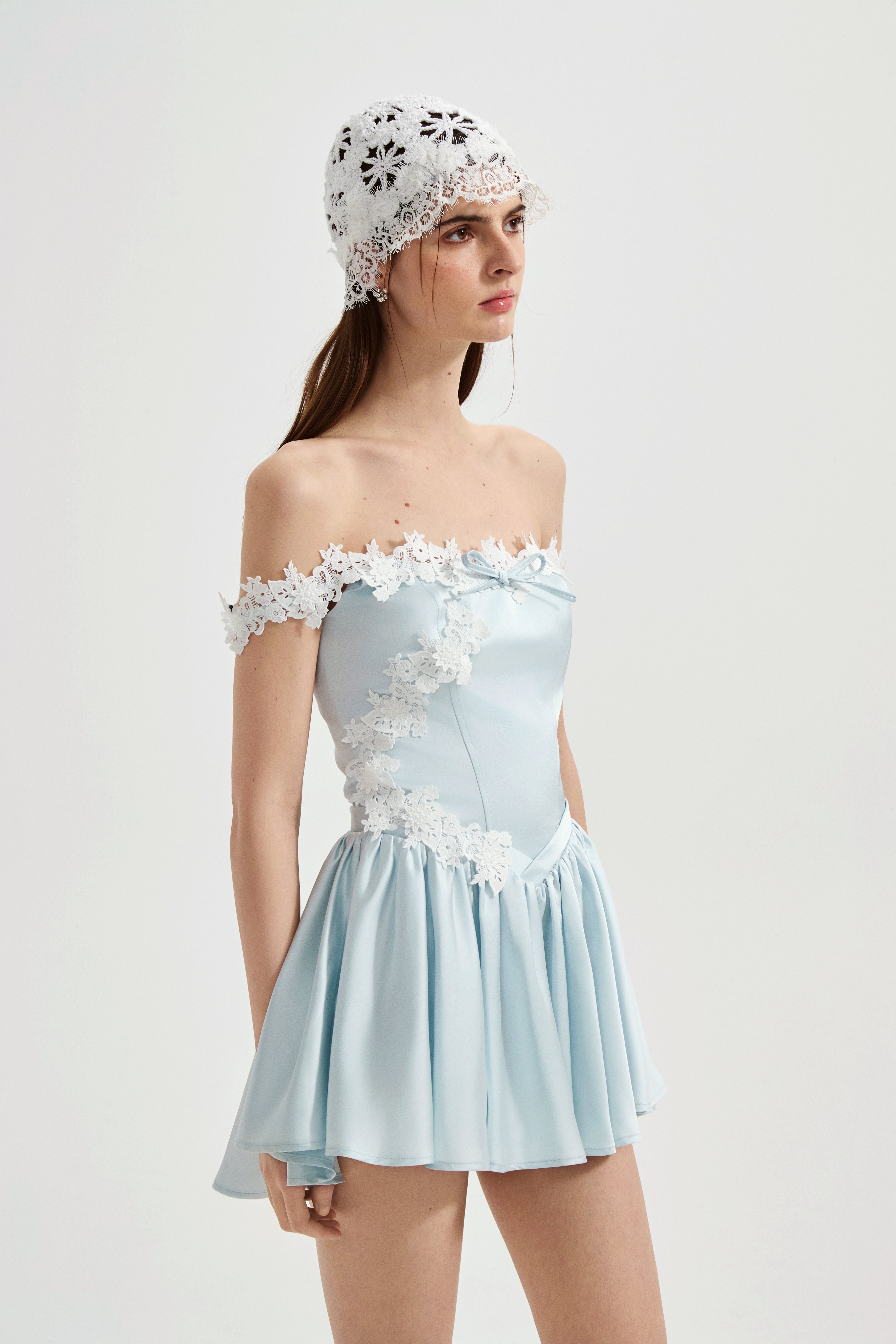Blue Satin Lace-Strapless Dress
