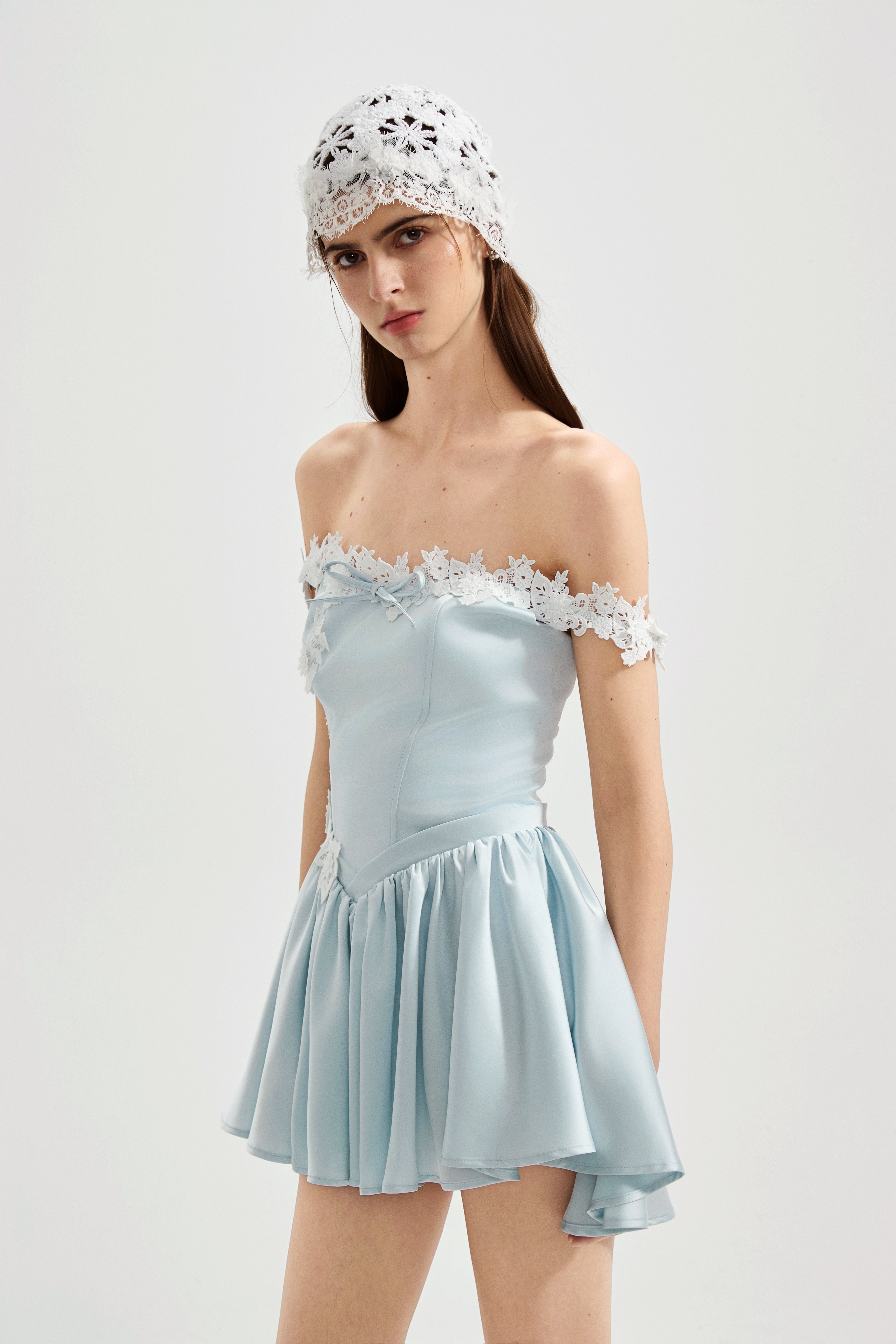 Blue Satin Lace-Strapless Dress