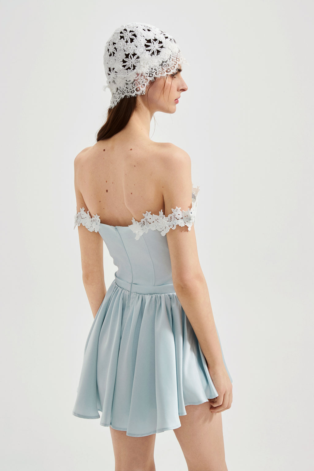 Blue Satin Lace-Strapless Dress