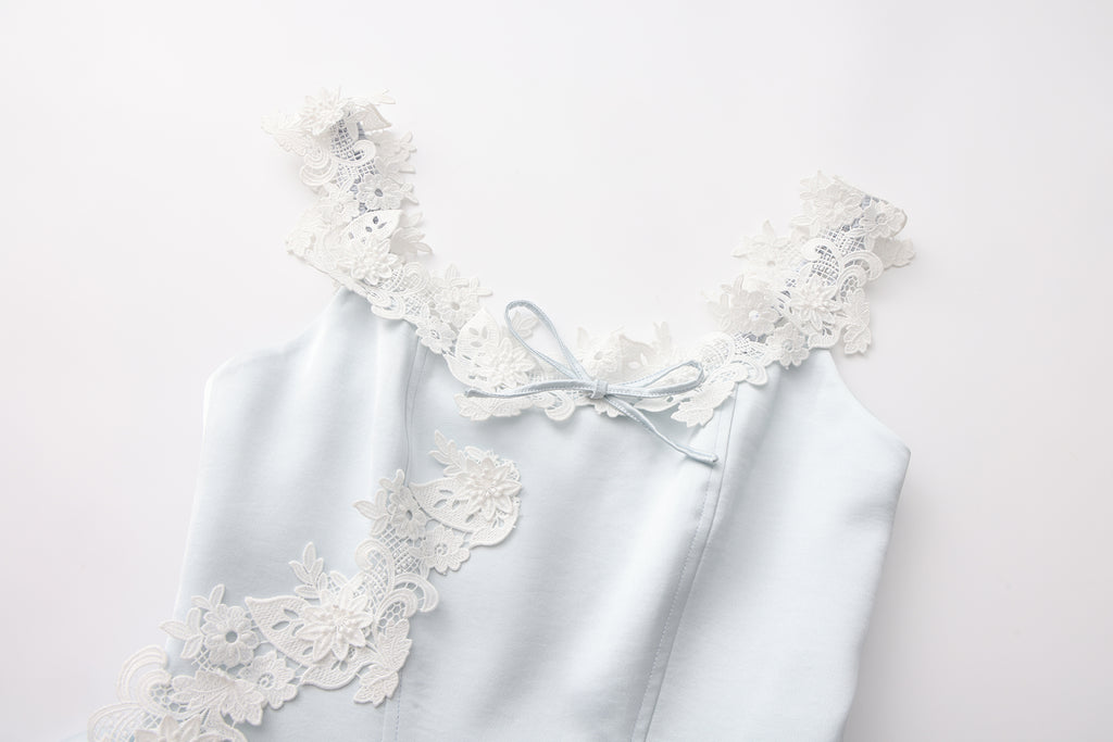 Blue Satin Lace-Strapless Dress