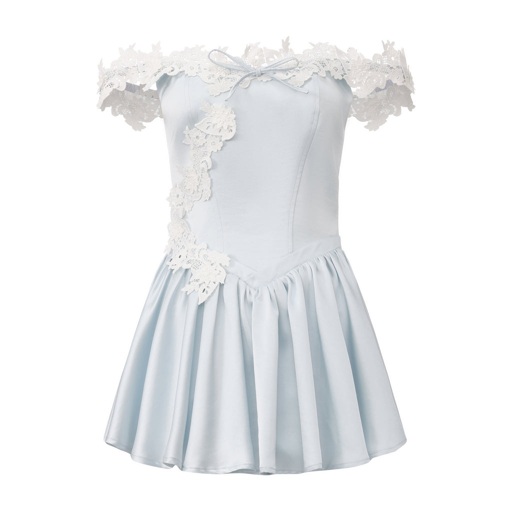 Blue Satin Lace-Strapless Dress