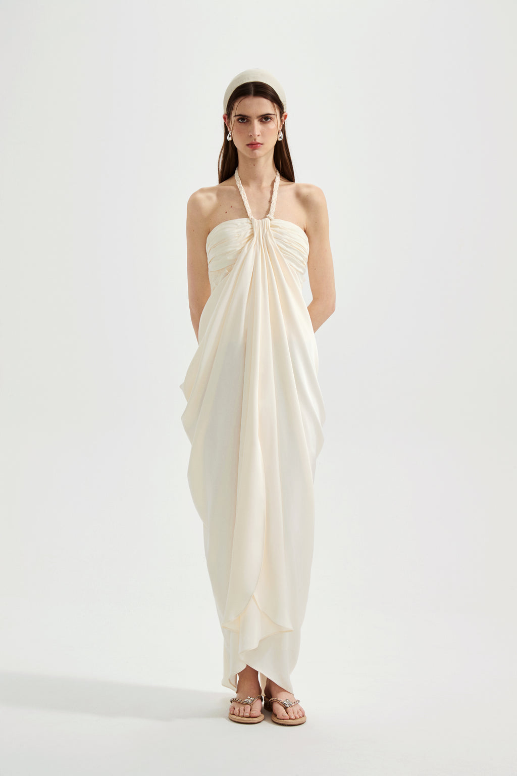 White Lace Satin Halter-neck Gathered Dress