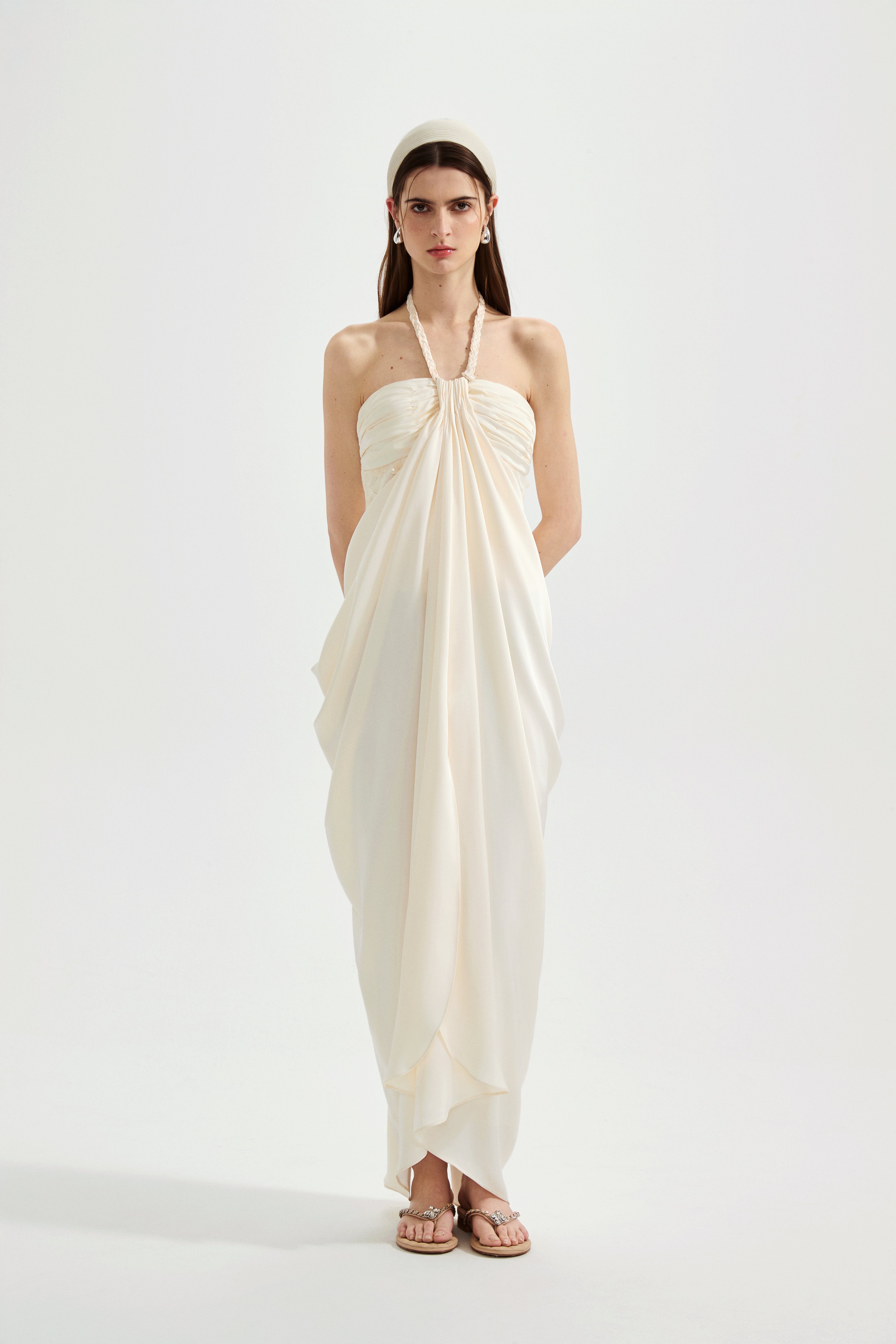 White Lace Satin Halter-neck Gathered Dress