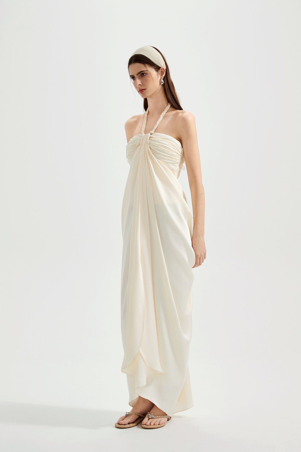 White Lace Satin Halter-neck Gathered Dress