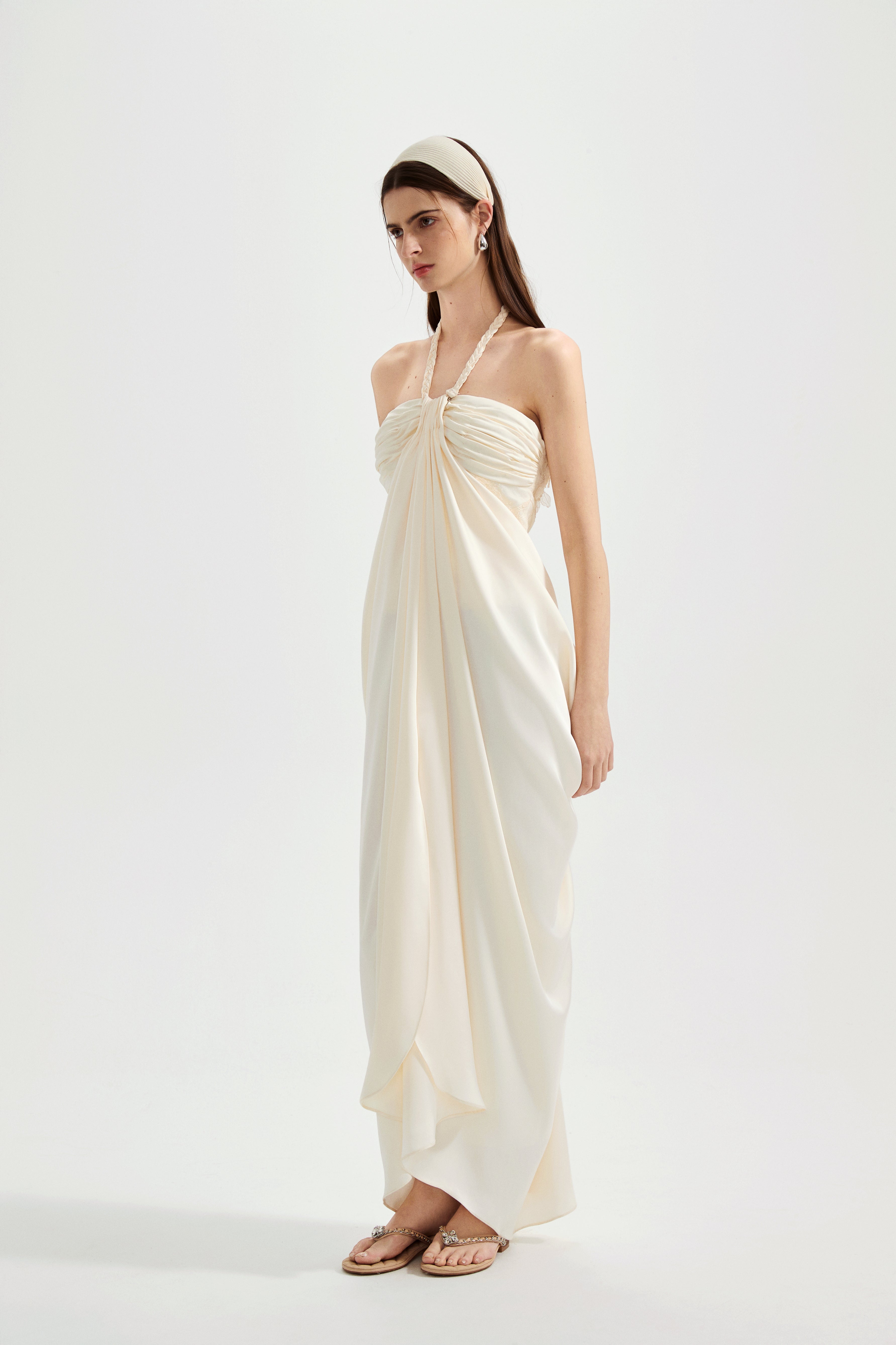 White Lace Satin Halter-neck Gathered Dress