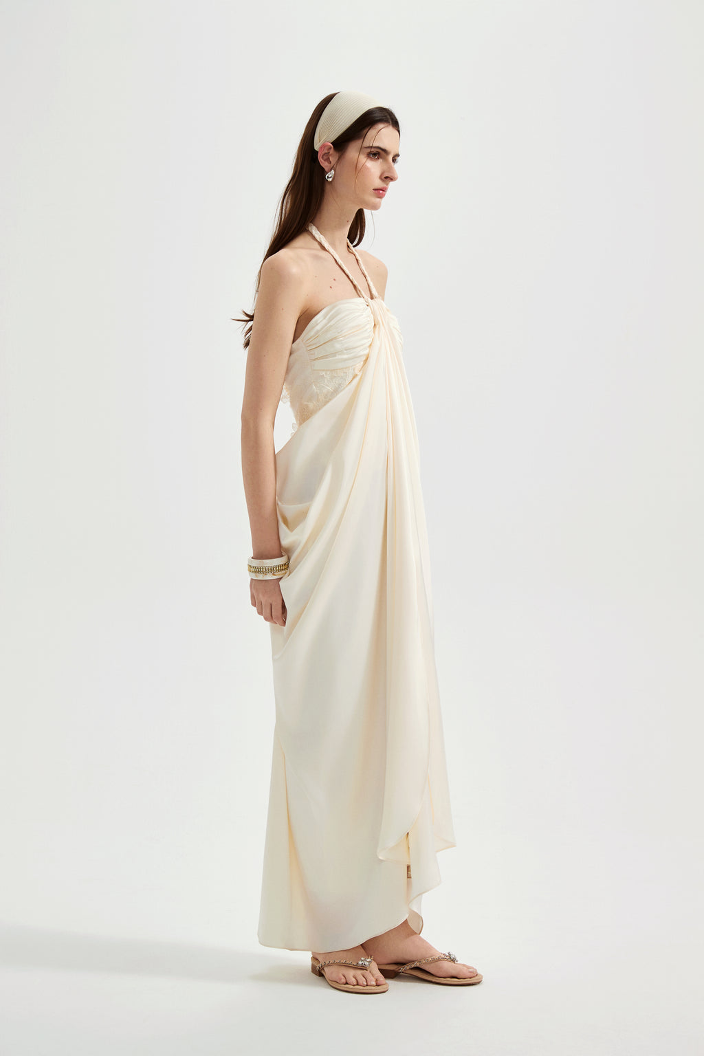 White Lace Satin Halter-neck Gathered Dress