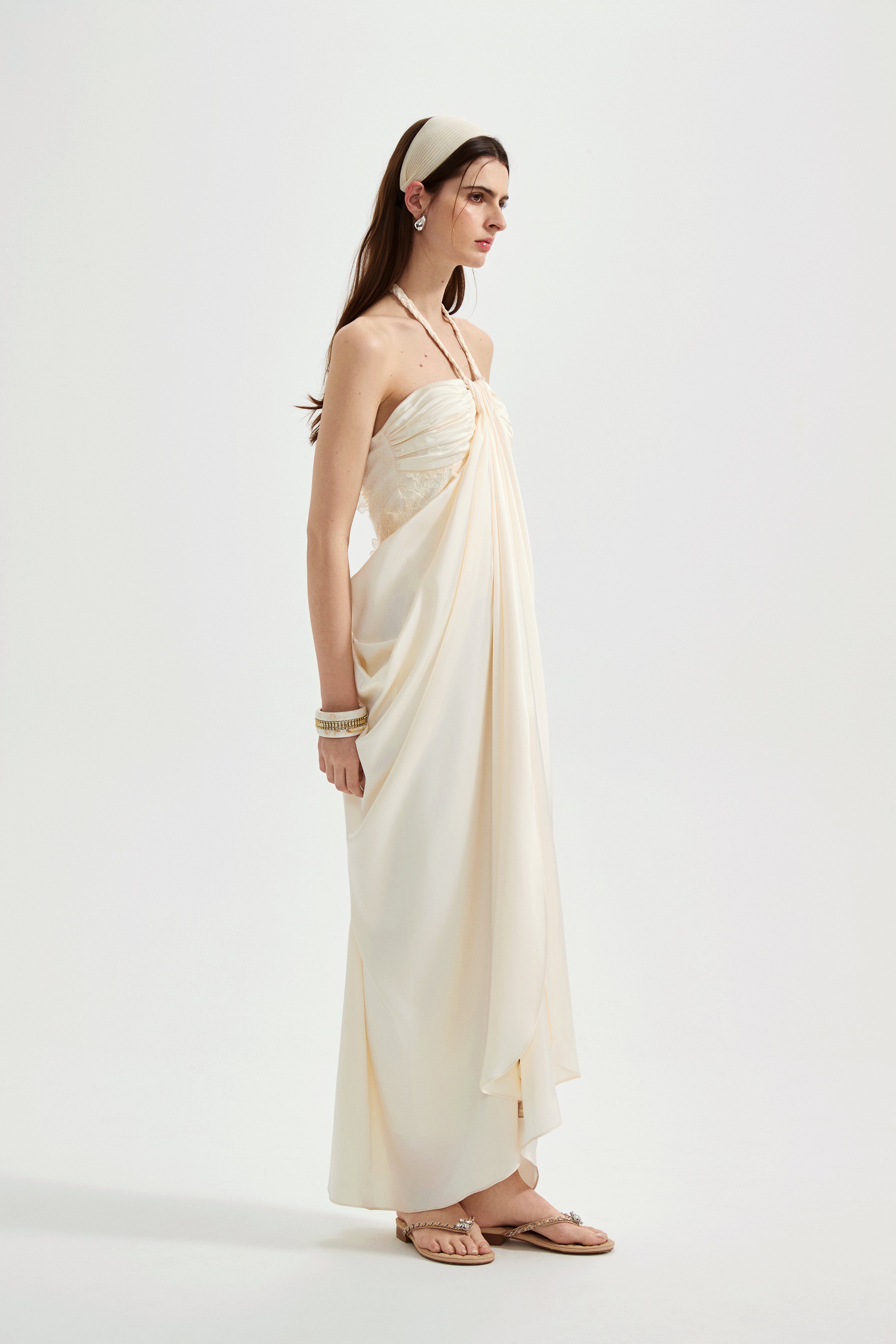 White Lace Satin Halter-neck Gathered Dress