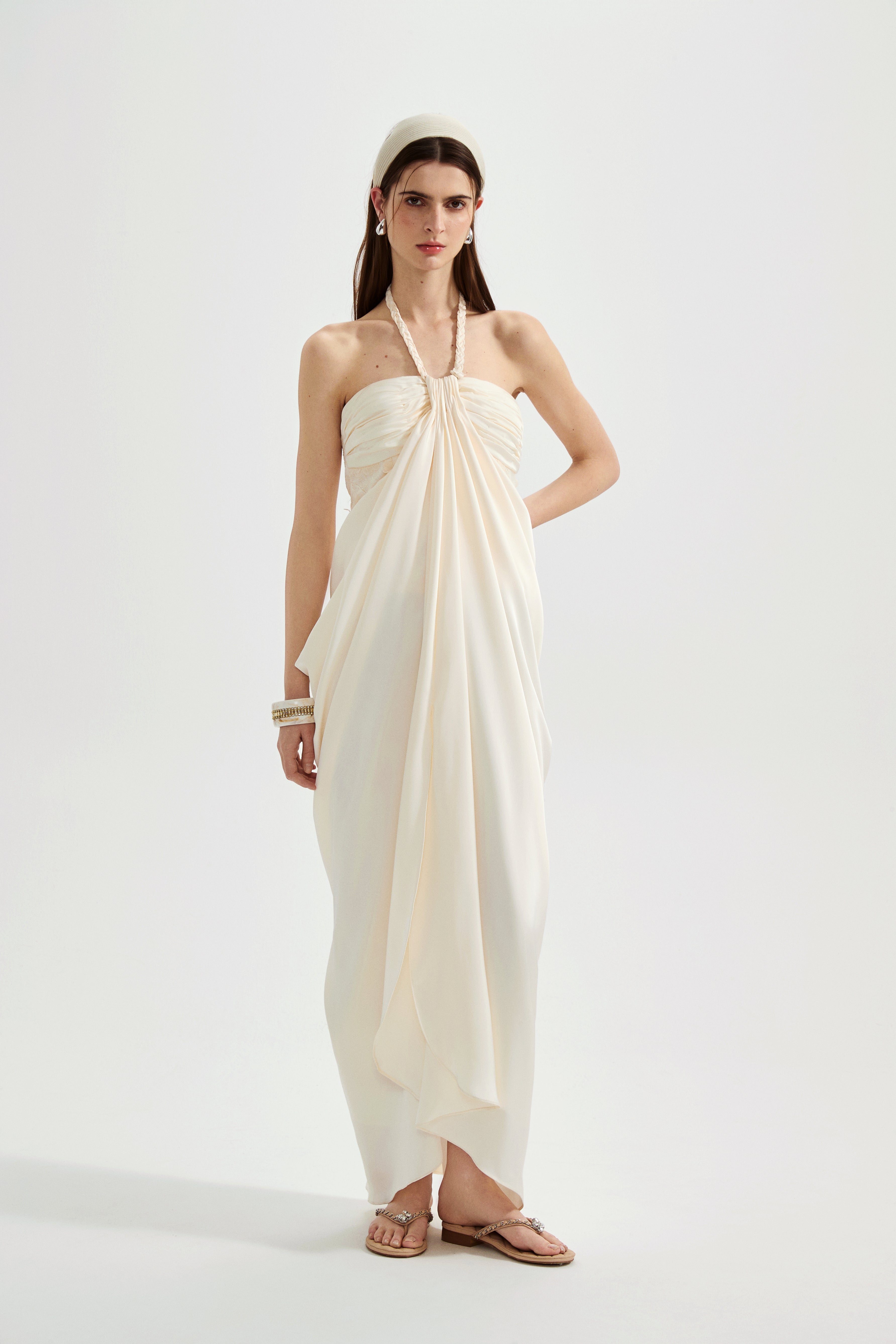 White Lace Satin Halter-neck Gathered Dress