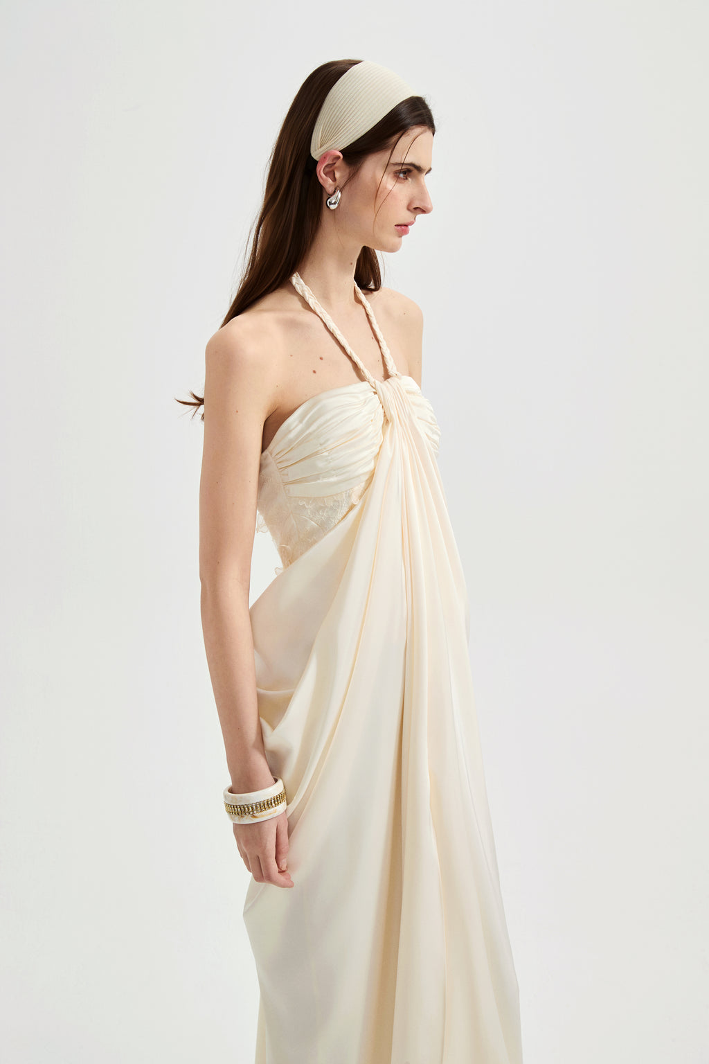 White Lace Satin Halter-neck Gathered Dress
