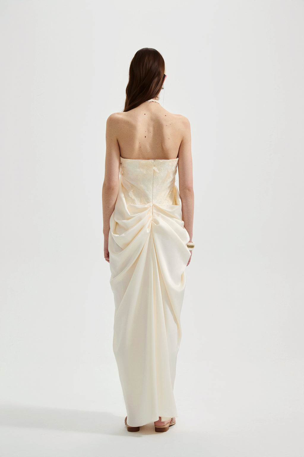 White Lace Satin Halter-neck Gathered Dress