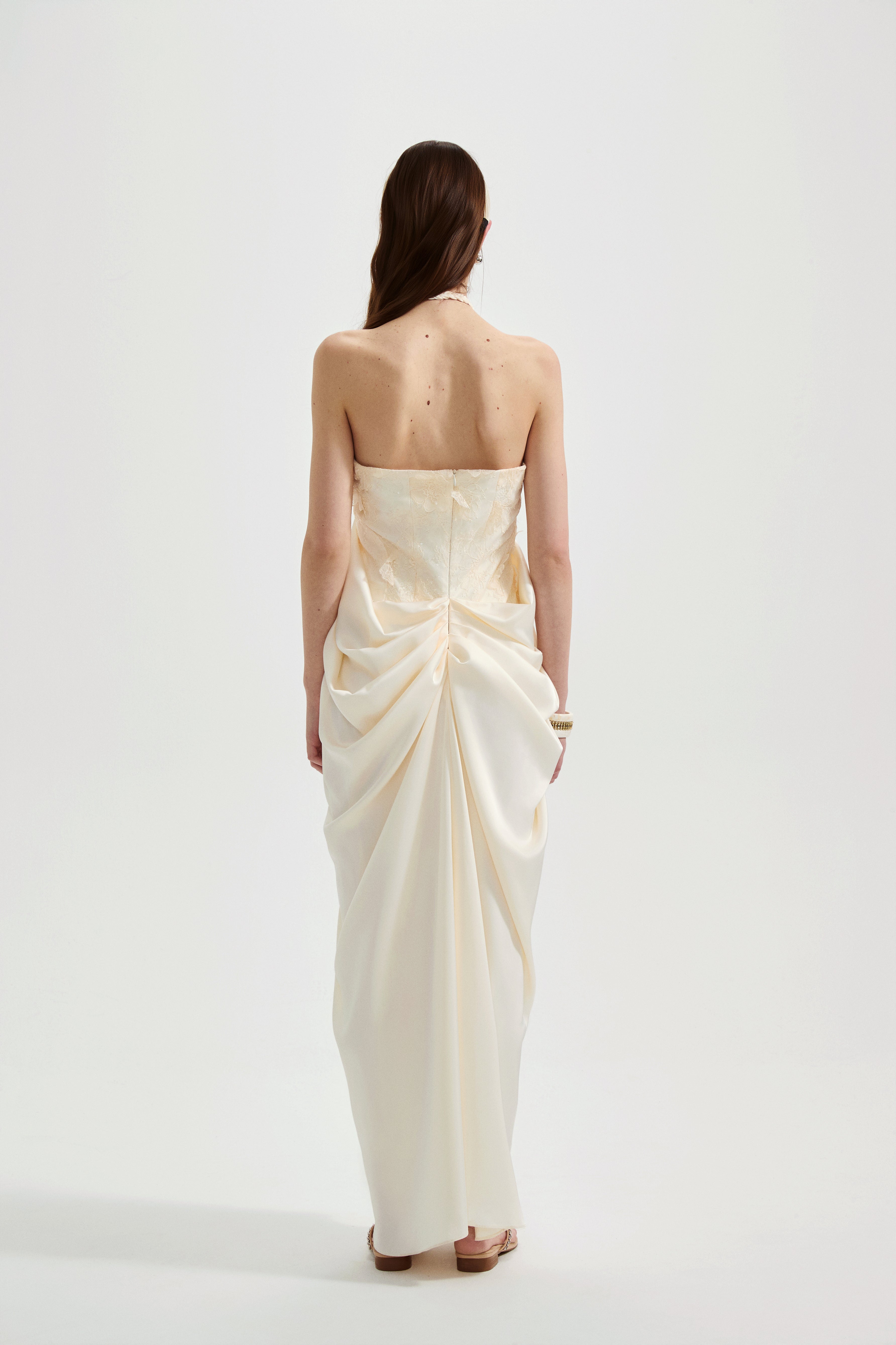 White Lace Satin Halter-neck Gathered Dress