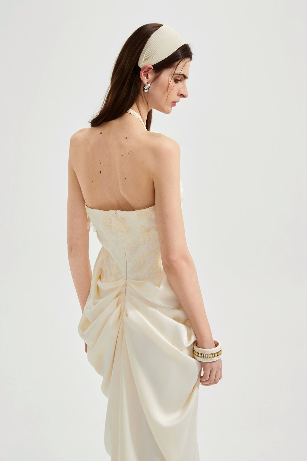 White Lace Satin Halter-neck Gathered Dress
