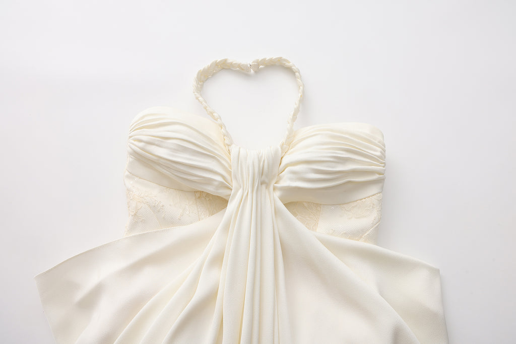 White Lace Satin Halter-neck Gathered Dress
