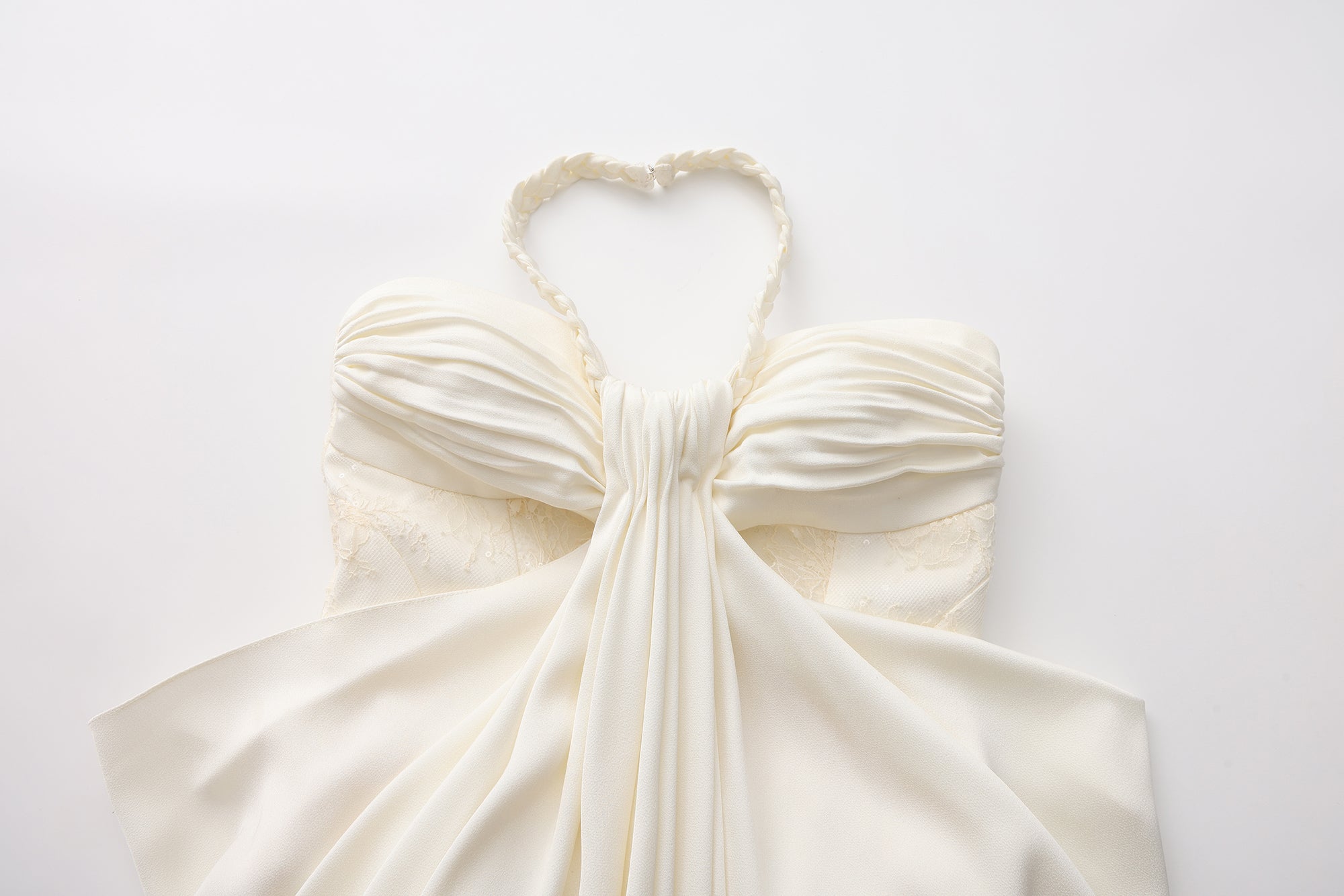 White Lace Satin Halter-neck Gathered Dress
