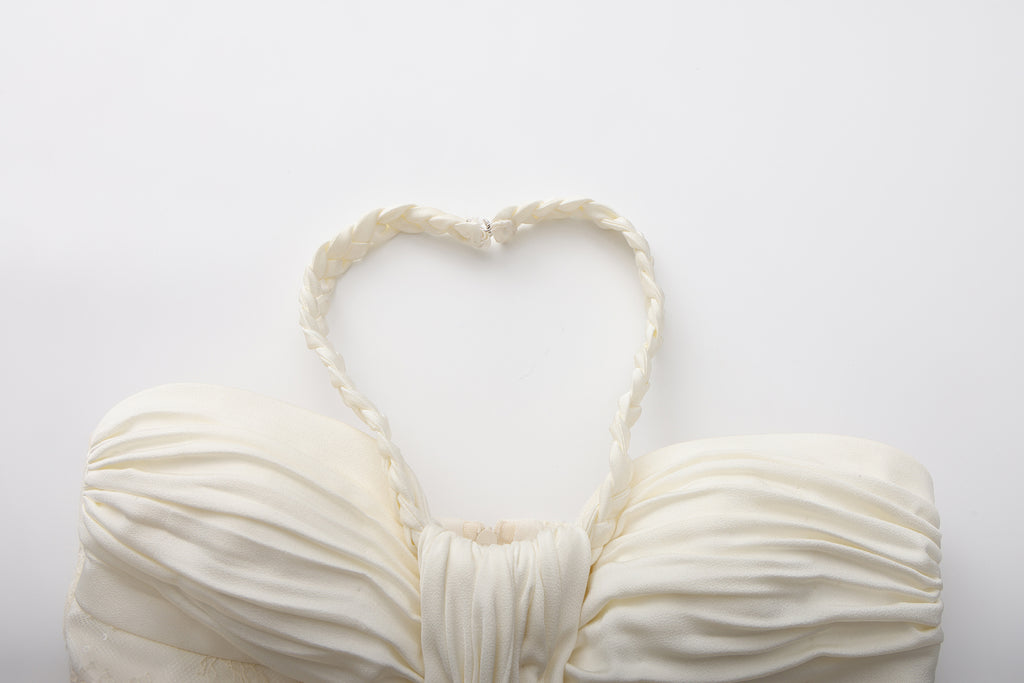 White Lace Satin Halter-neck Gathered Dress