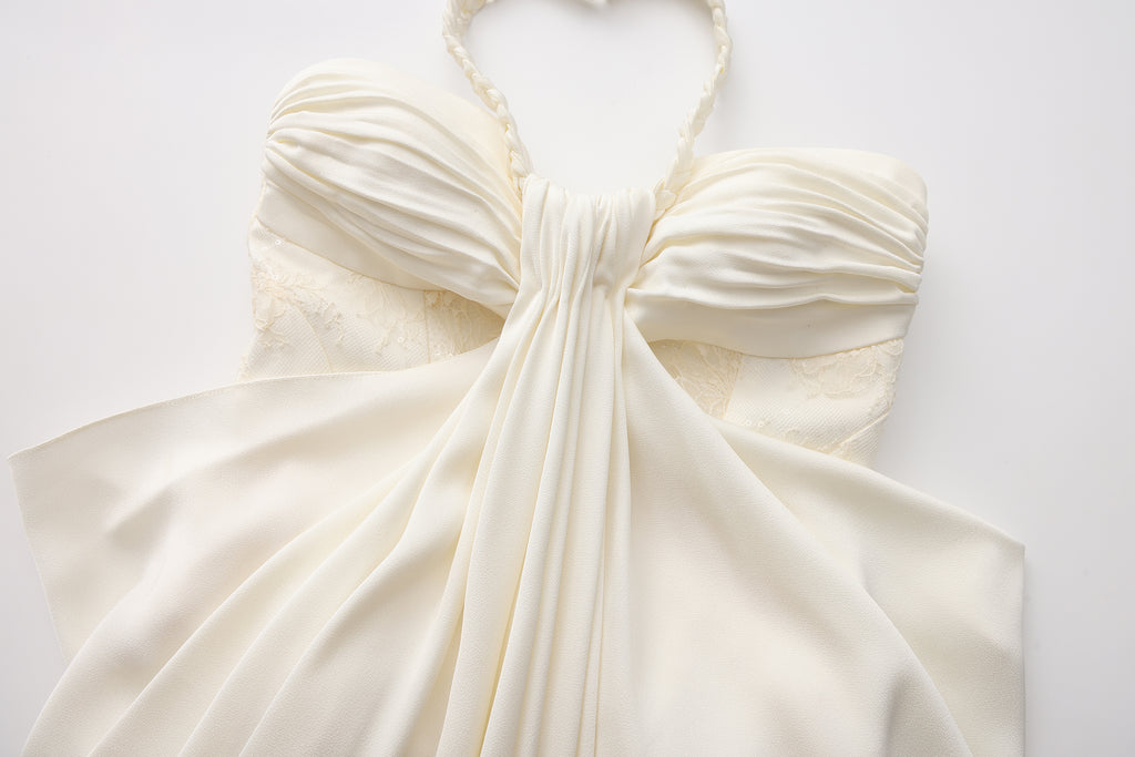 White Lace Satin Halter-neck Gathered Dress