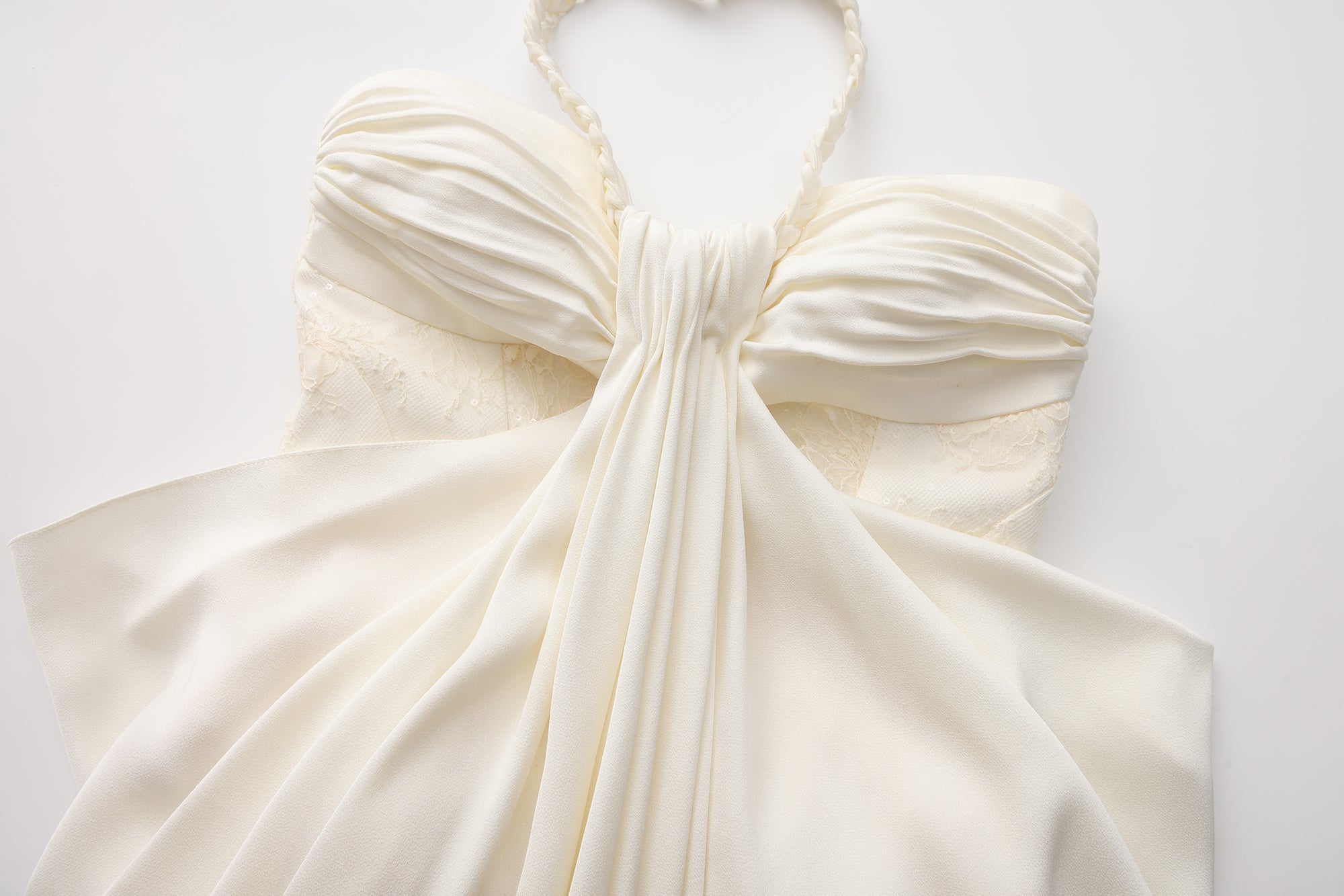 White Lace Satin Halter-neck Gathered Dress