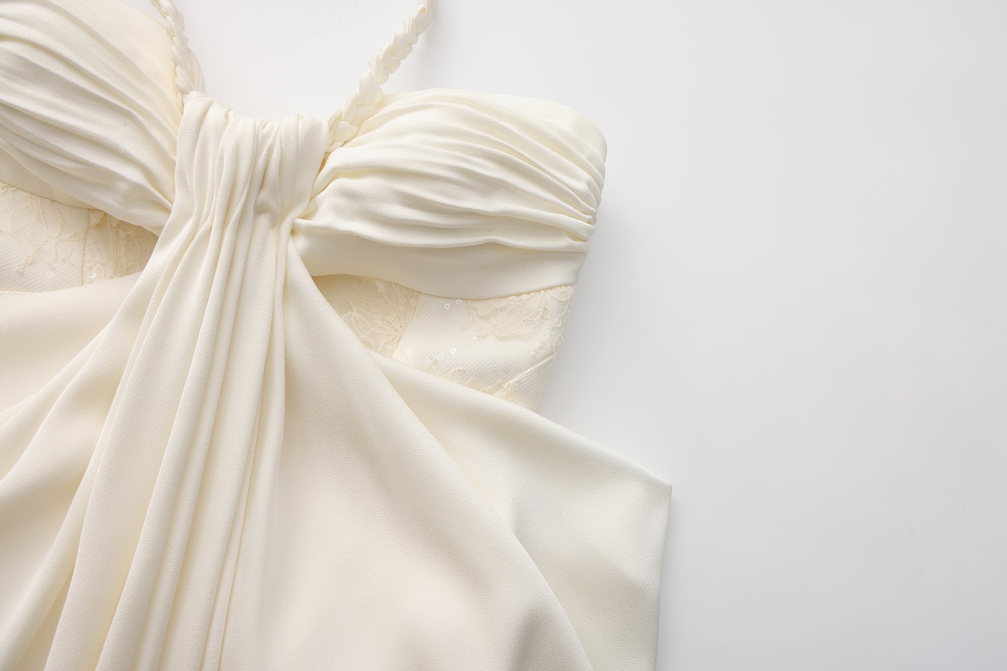 White Lace Satin Halter-neck Gathered Dress