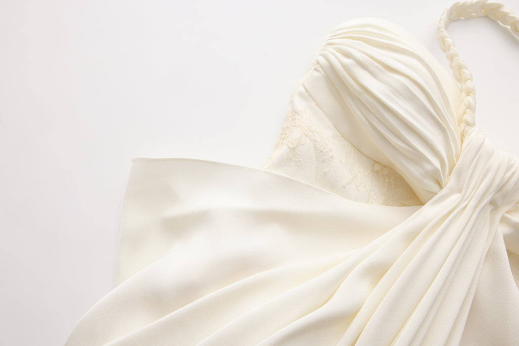 White Lace Satin Halter-neck Gathered Dress