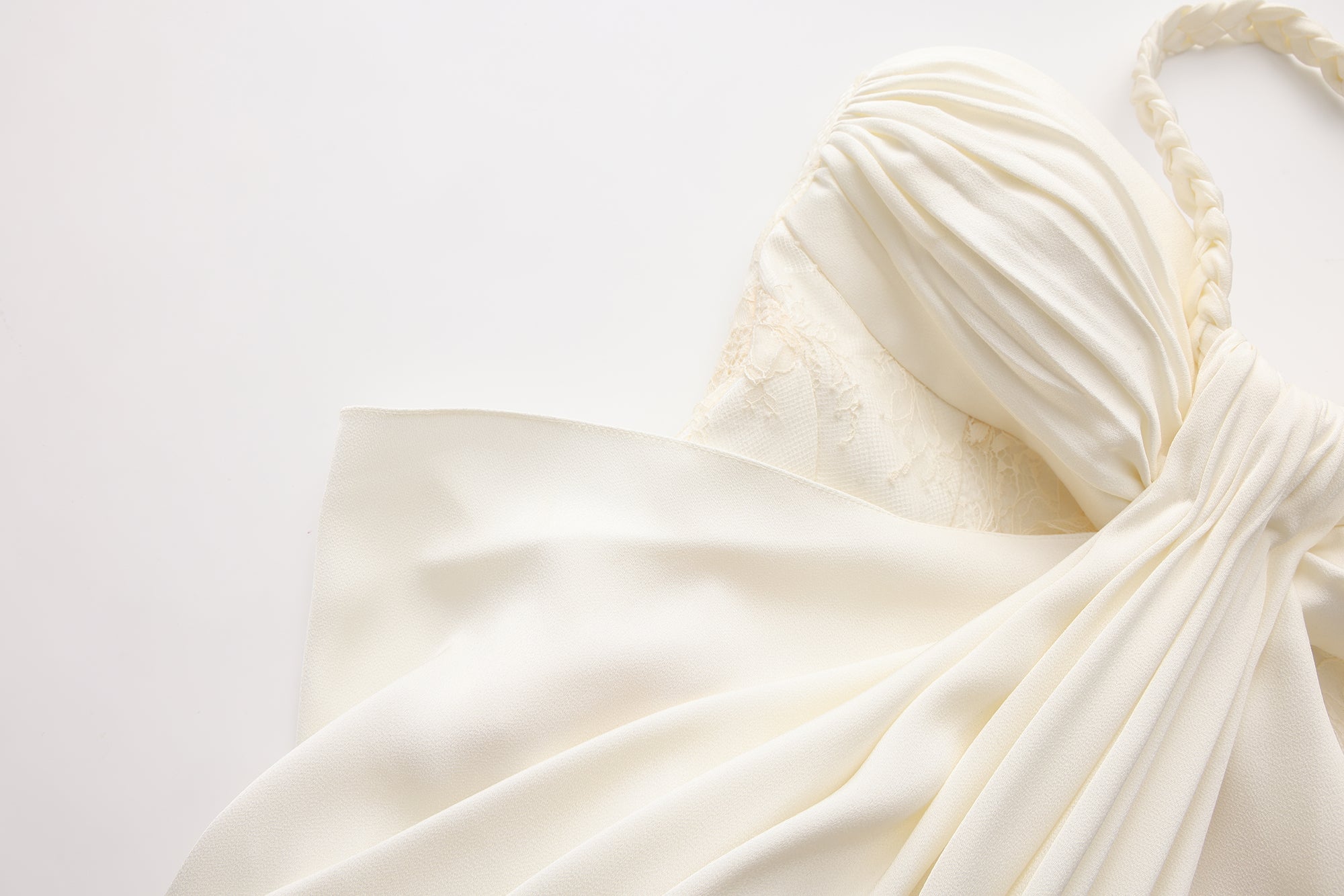 White Lace Satin Halter-neck Gathered Dress