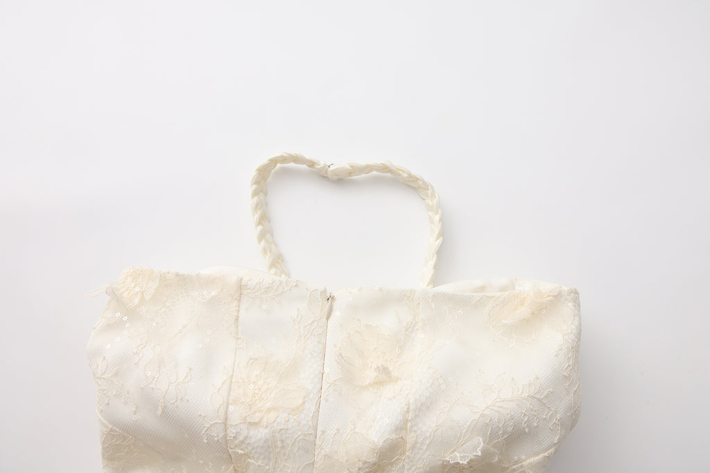 White Lace Satin Halter-neck Gathered Dress
