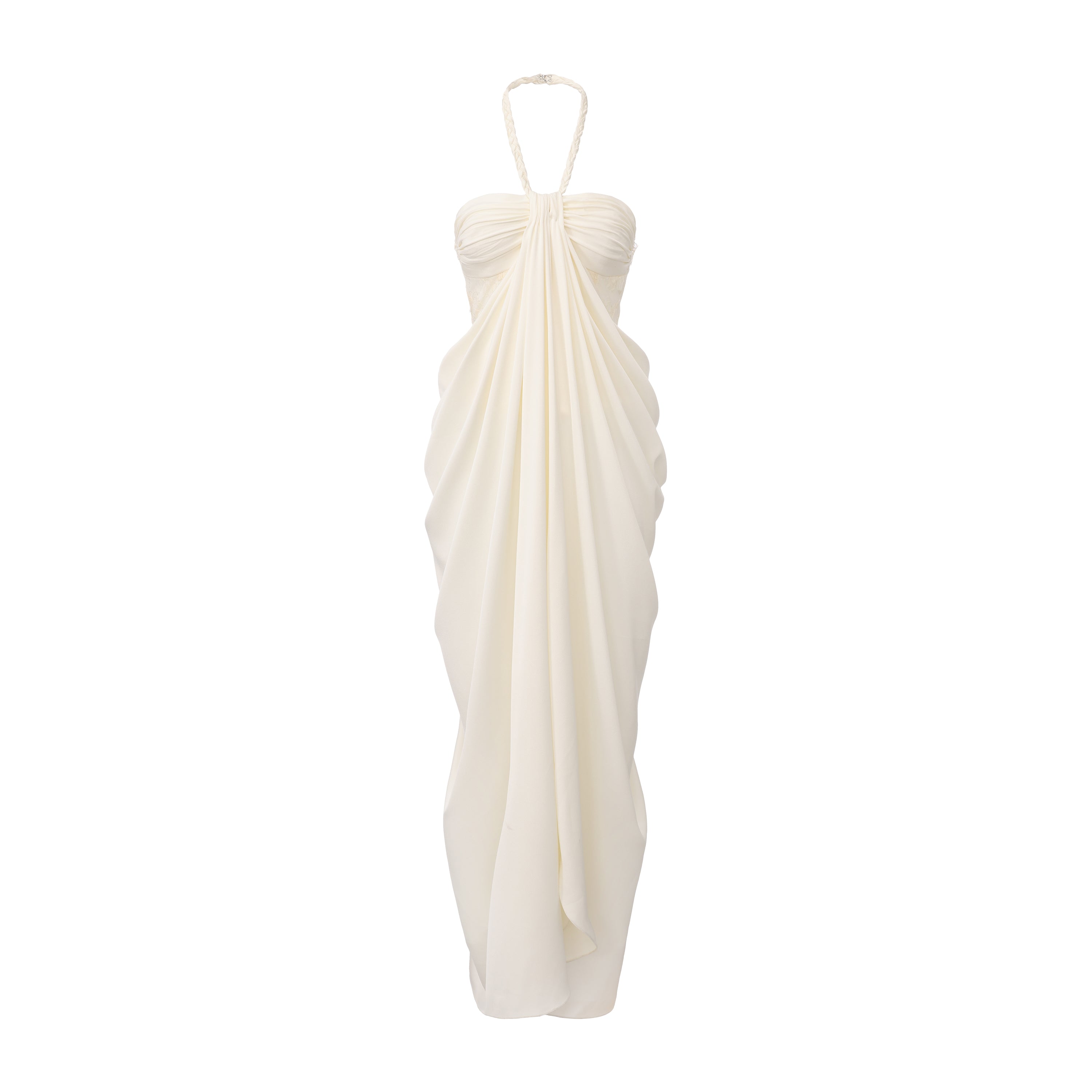 White Lace Satin Halter-neck Gathered Dress