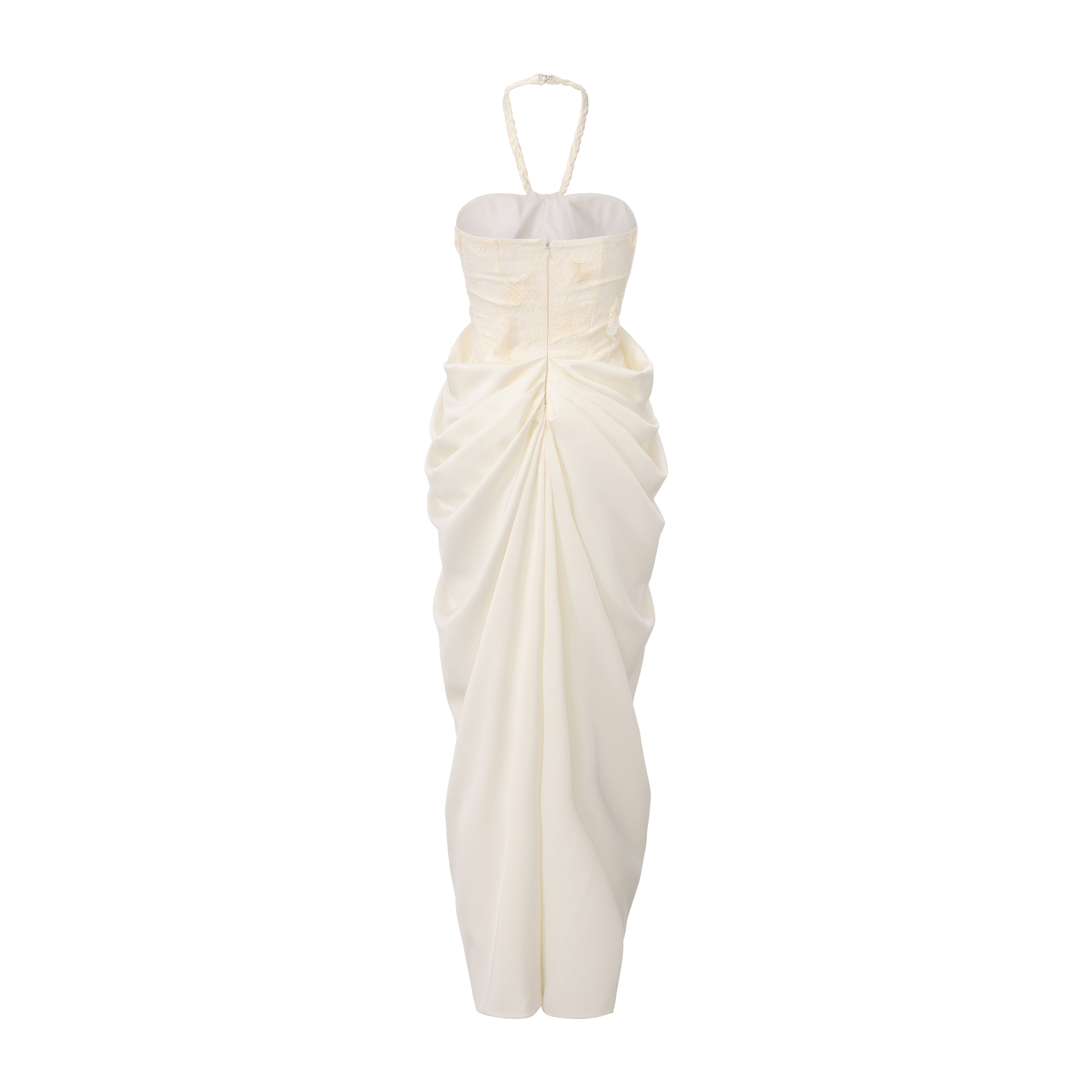 White Lace Satin Halter-neck Gathered Dress