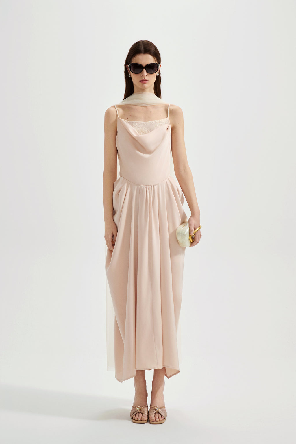 Nude Pink Lace Satin Slip Dress with Cowl Neck