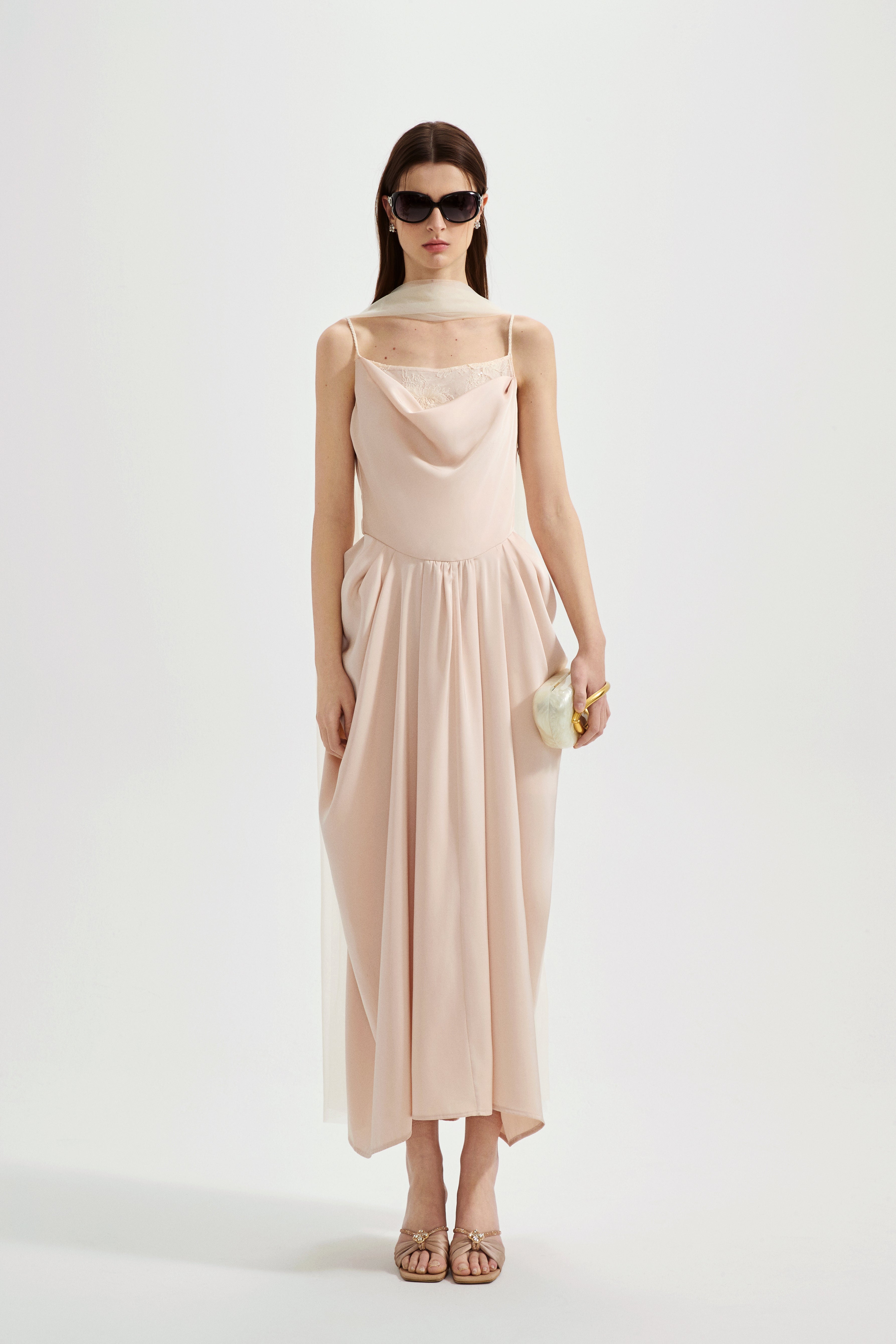 Nude Pink Lace Satin Slip Dress with Cowl Neck