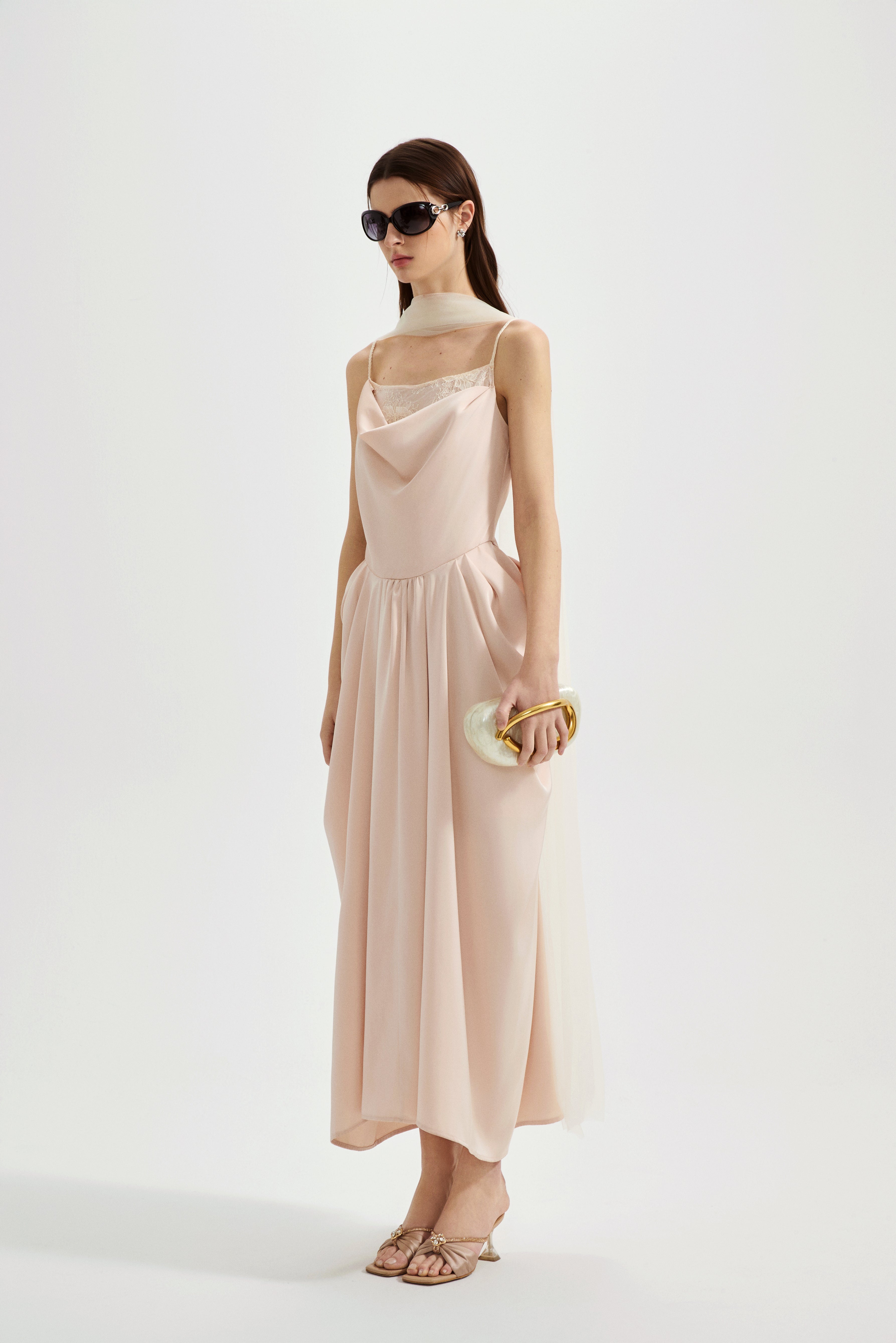Nude Pink Lace Satin Slip Dress with Cowl Neck