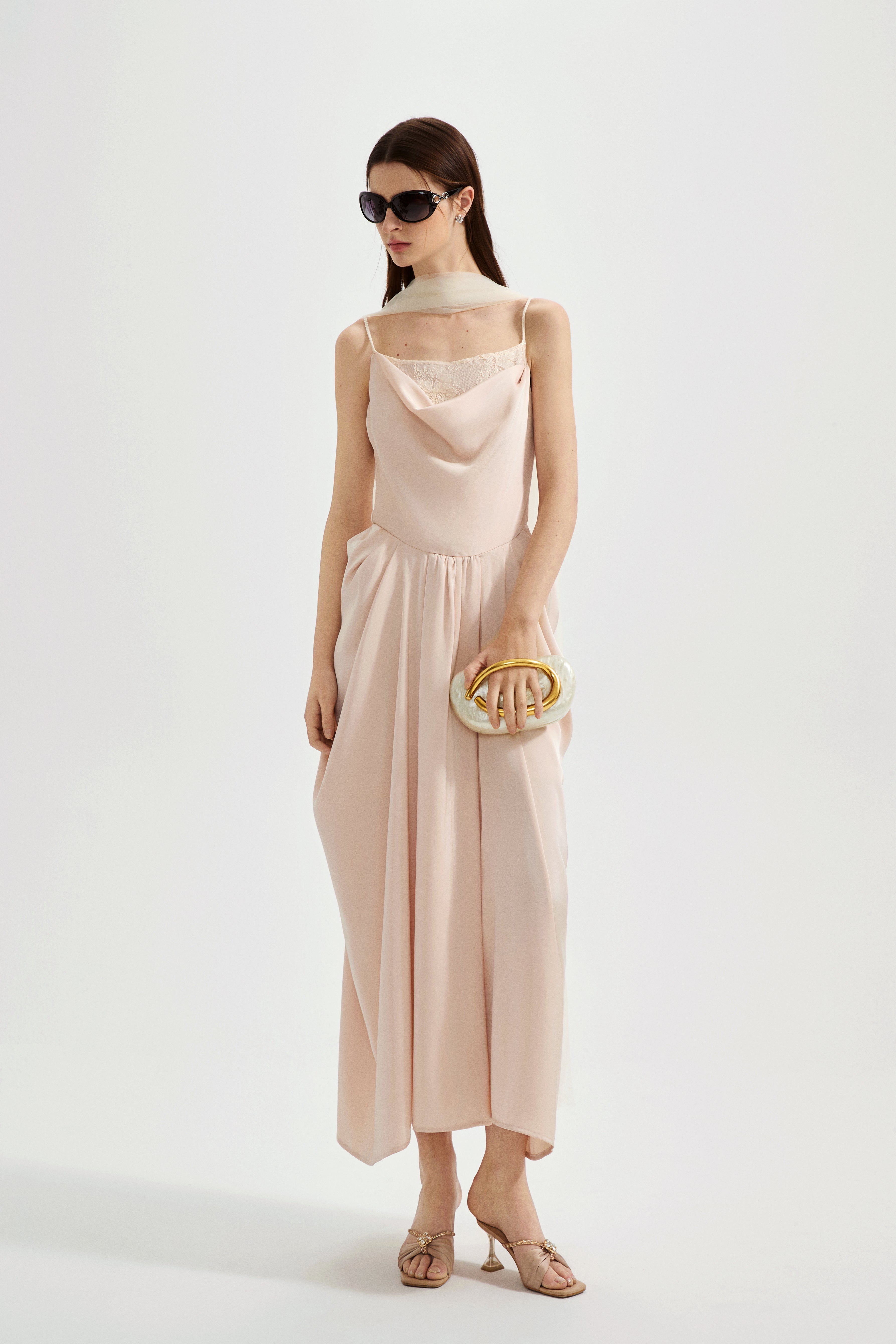 Nude Pink Lace Satin Slip Dress with Cowl Neck