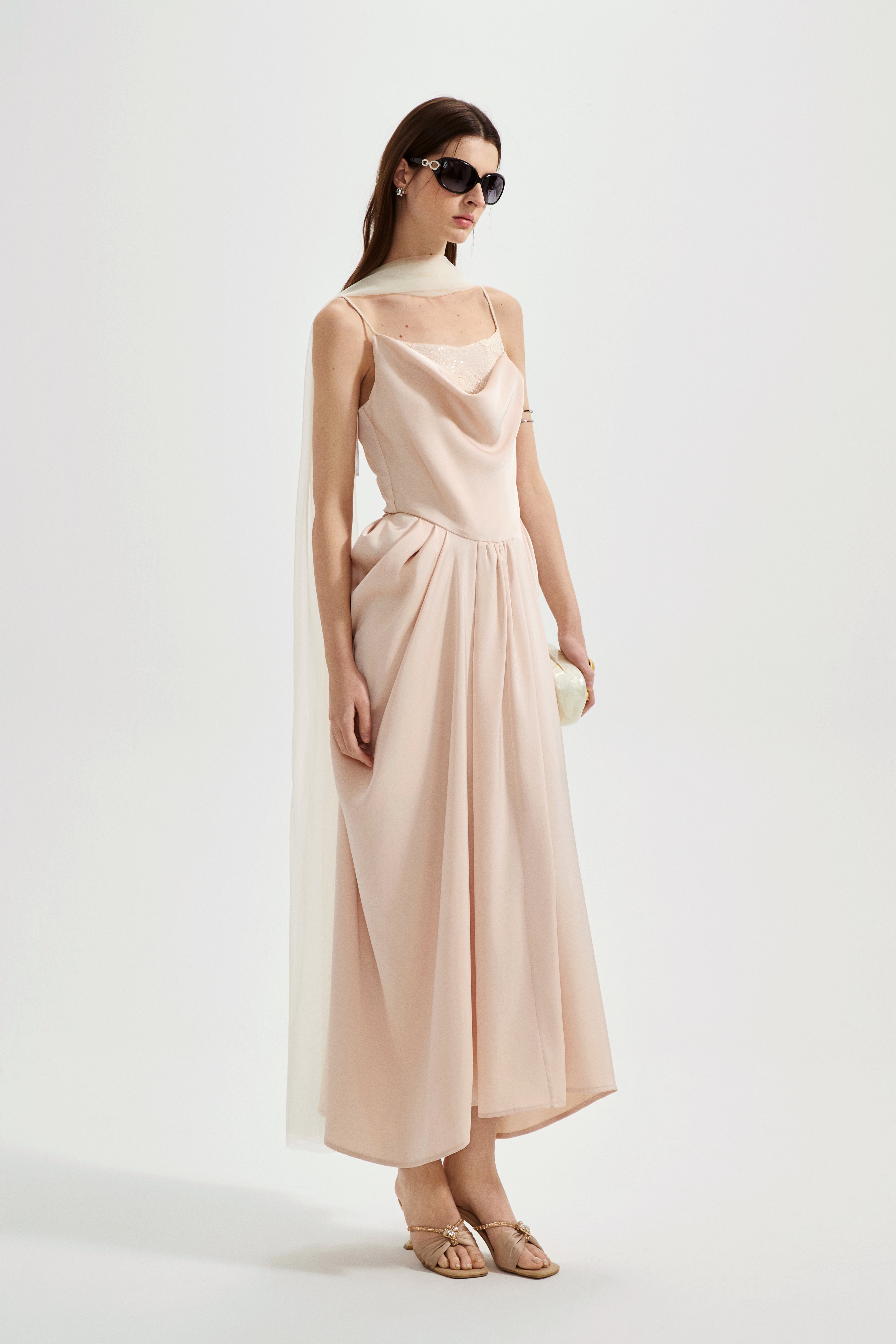 Nude Pink Lace Satin Slip Dress with Cowl Neck