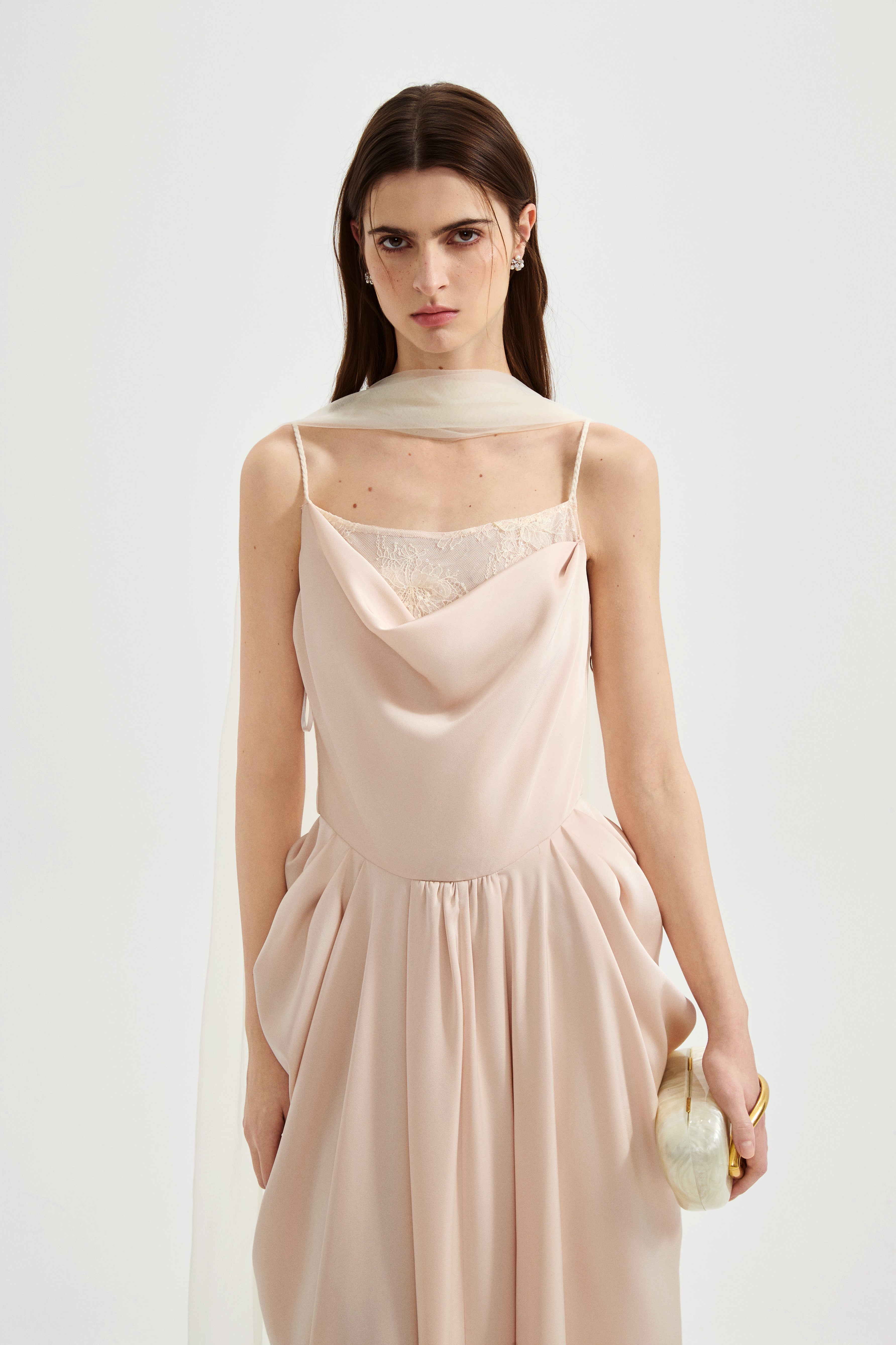 Nude Pink Lace Satin Slip Dress with Cowl Neck