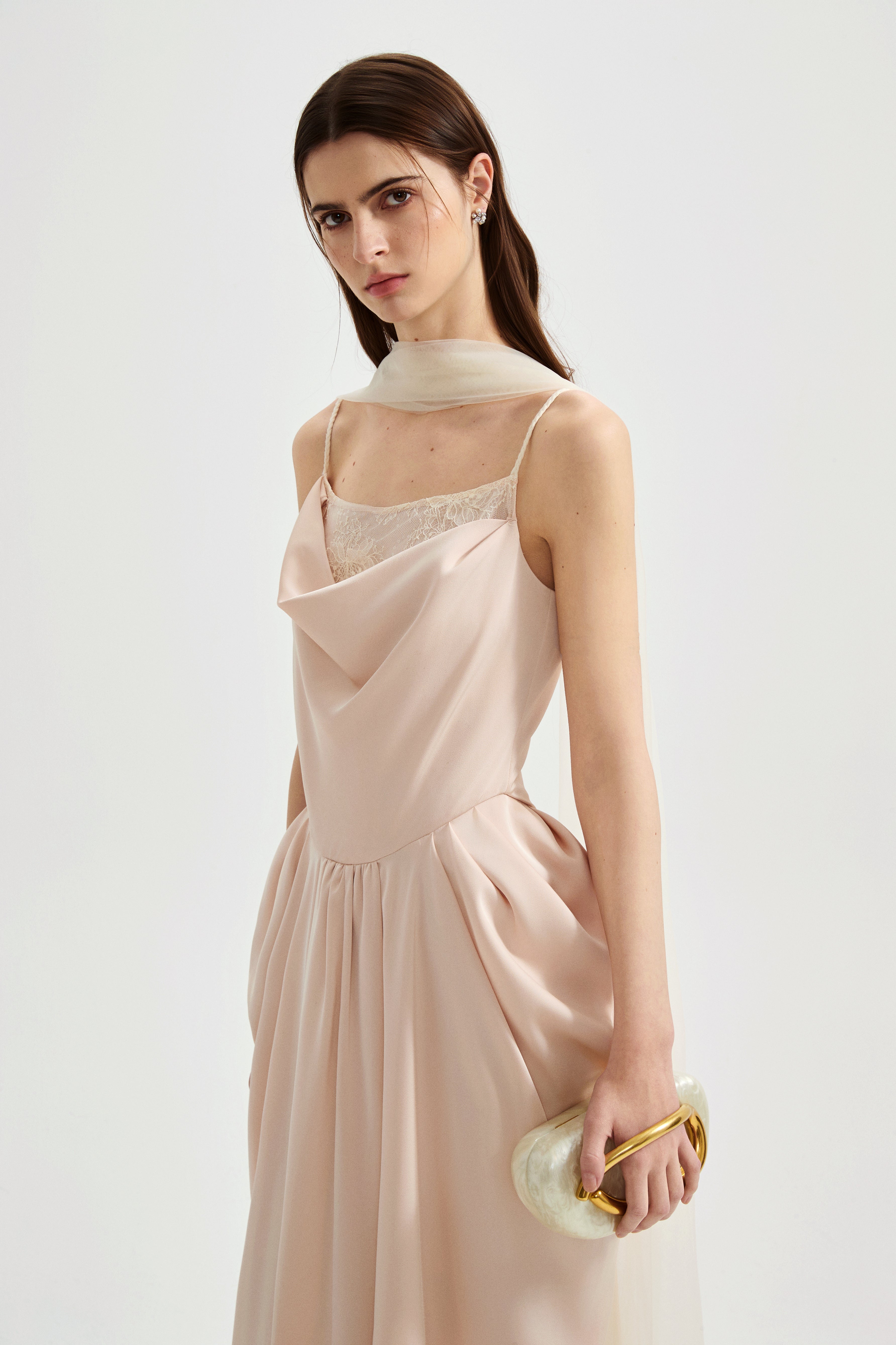 Nude Pink Lace Satin Slip Dress with Cowl Neck