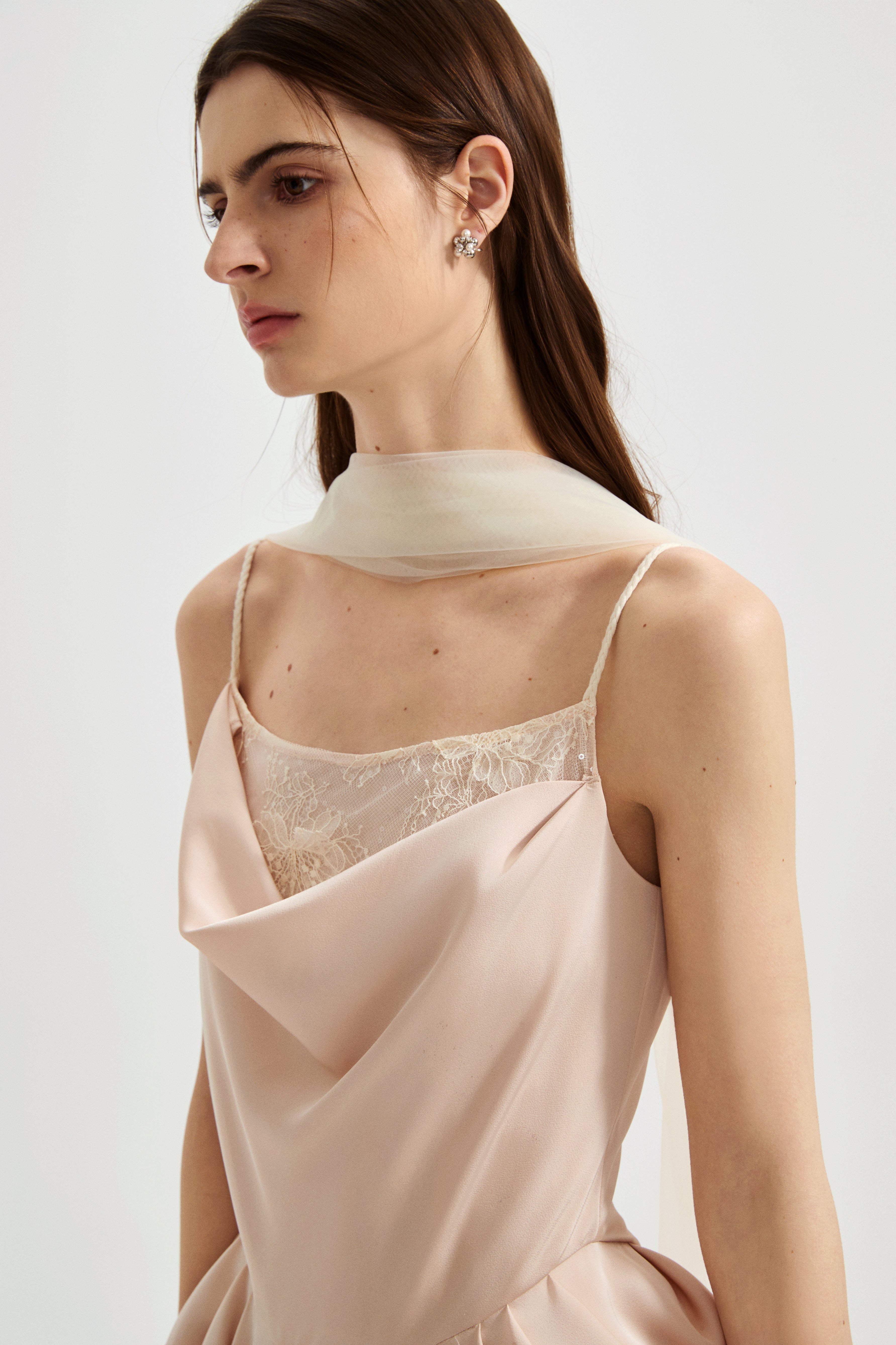 Nude Pink Lace Satin Slip Dress with Cowl Neck