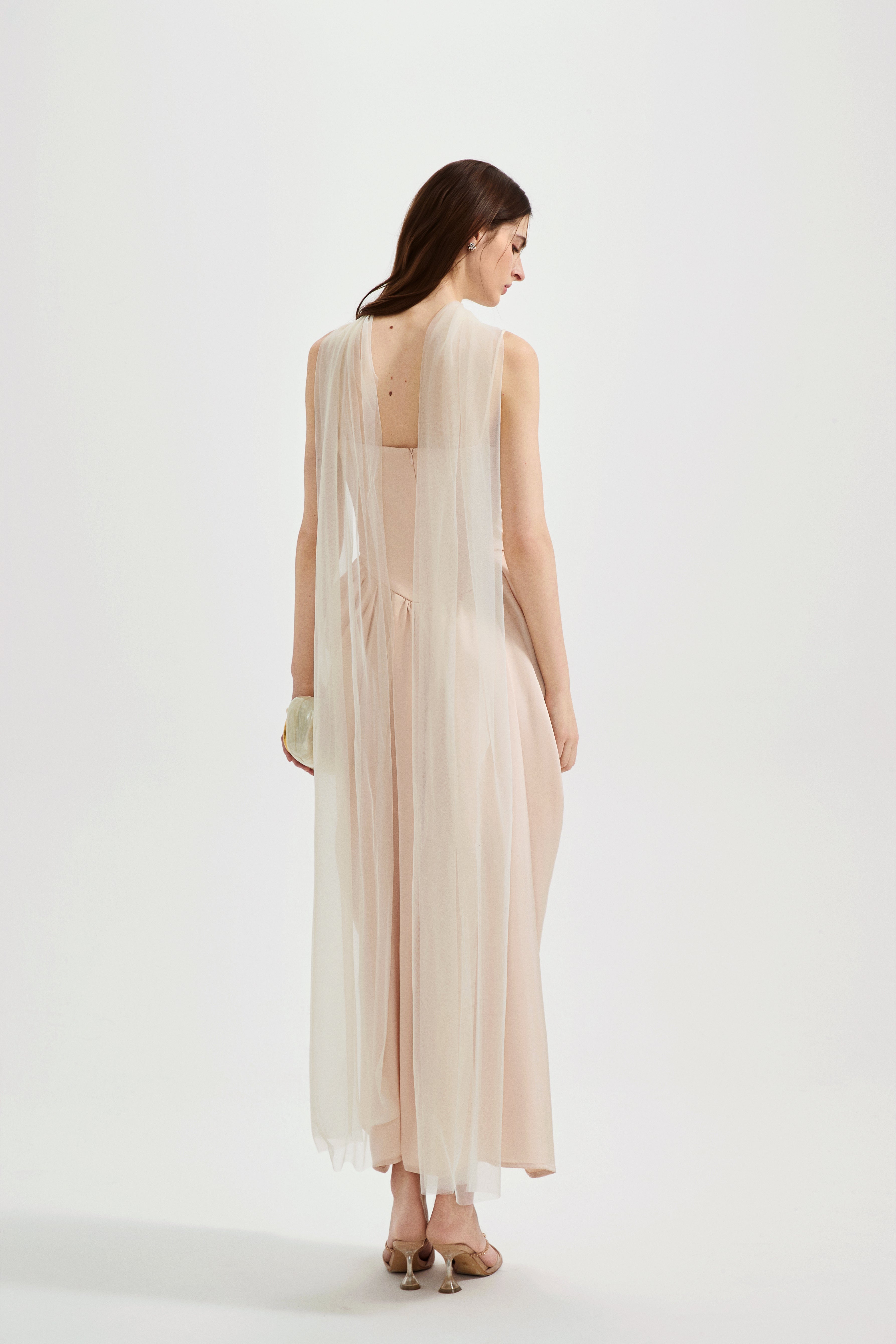 Nude Pink Lace Satin Slip Dress with Cowl Neck
