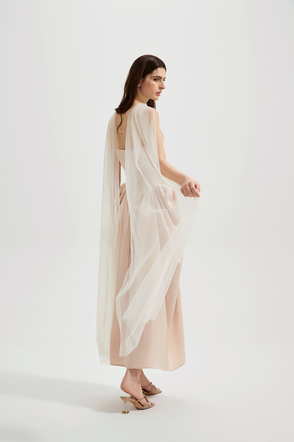Nude Pink Lace Satin Slip Dress with Cowl Neck