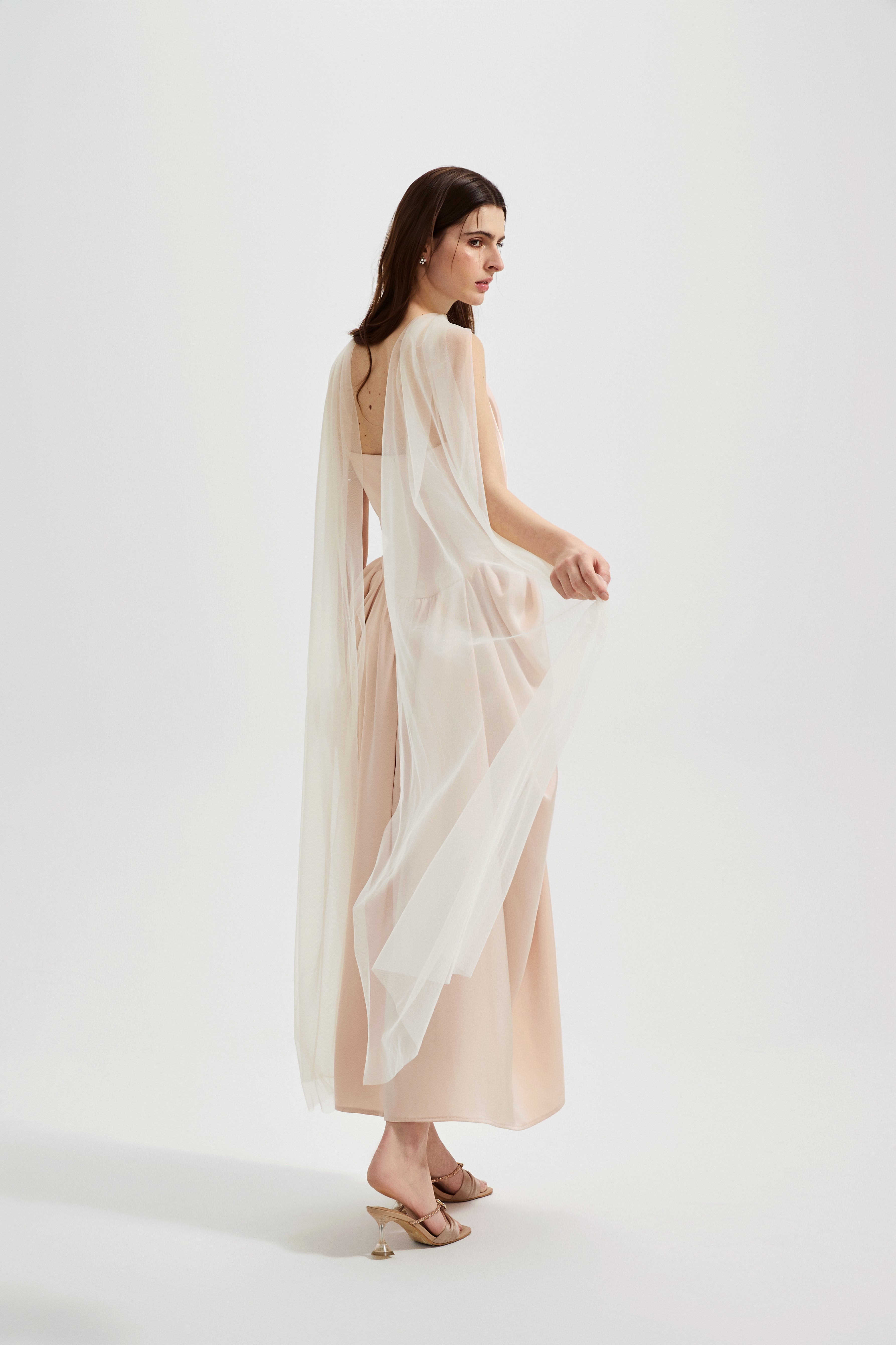 Nude Pink Lace Satin Slip Dress with Cowl Neck